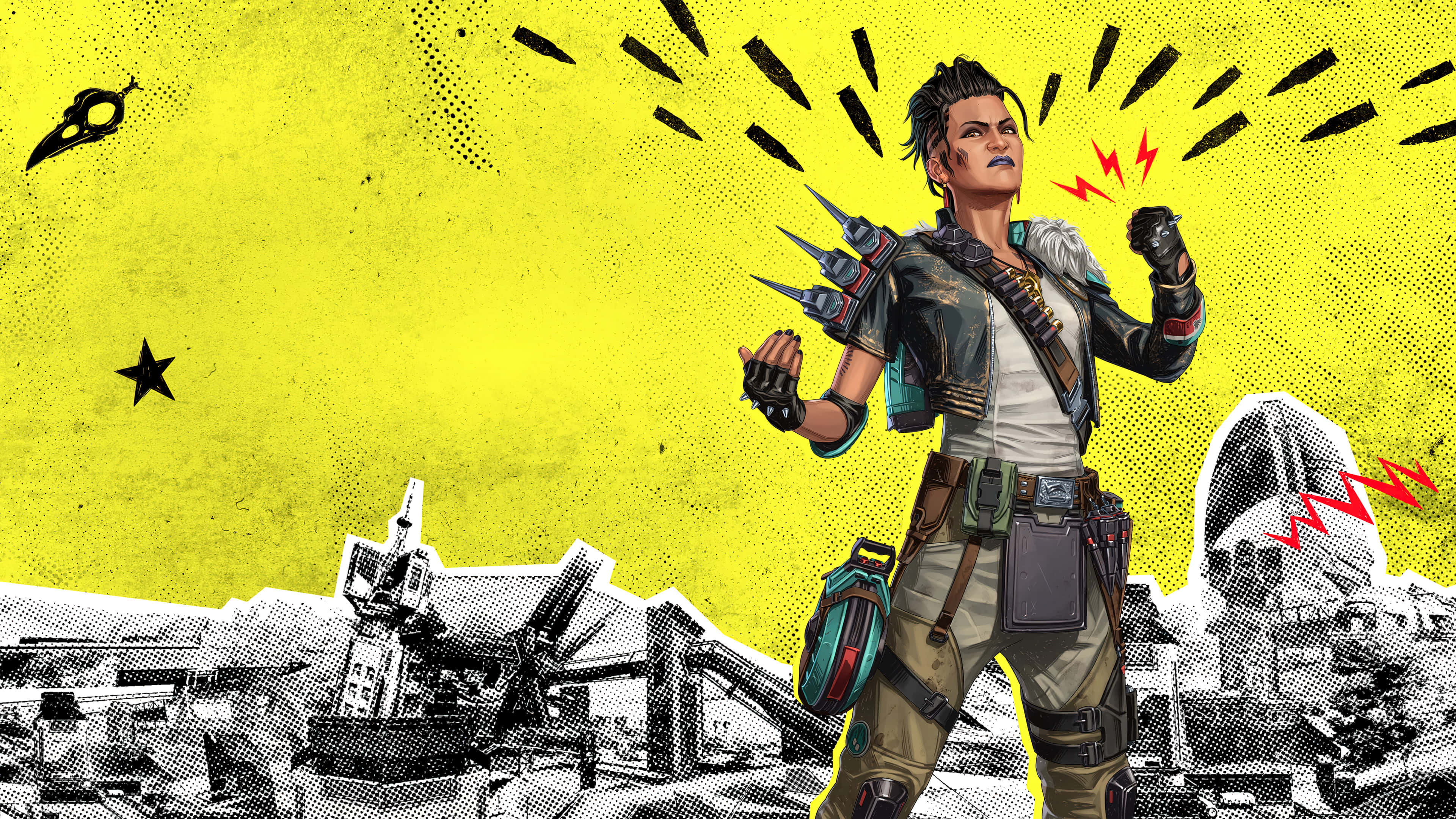 Apex Legends Characters 桌布 壁紙 — 一個風格化的戰士，戴著帶刺的護手，在明亮的黃色背景上，帶有黑色半色調效果和下方廢墟城市景觀，挑釁地站立。