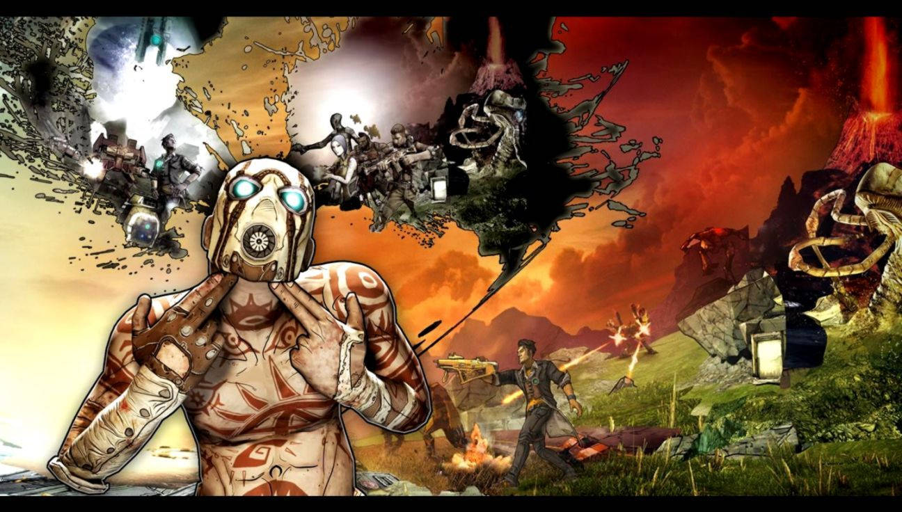 Borderlands 桌布 壁紙 — 一個風格化的戰士，擁有發光的眼睛和部落紋身，站在一個混亂的戰場上，爆炸和怪物在火熱的天空下。