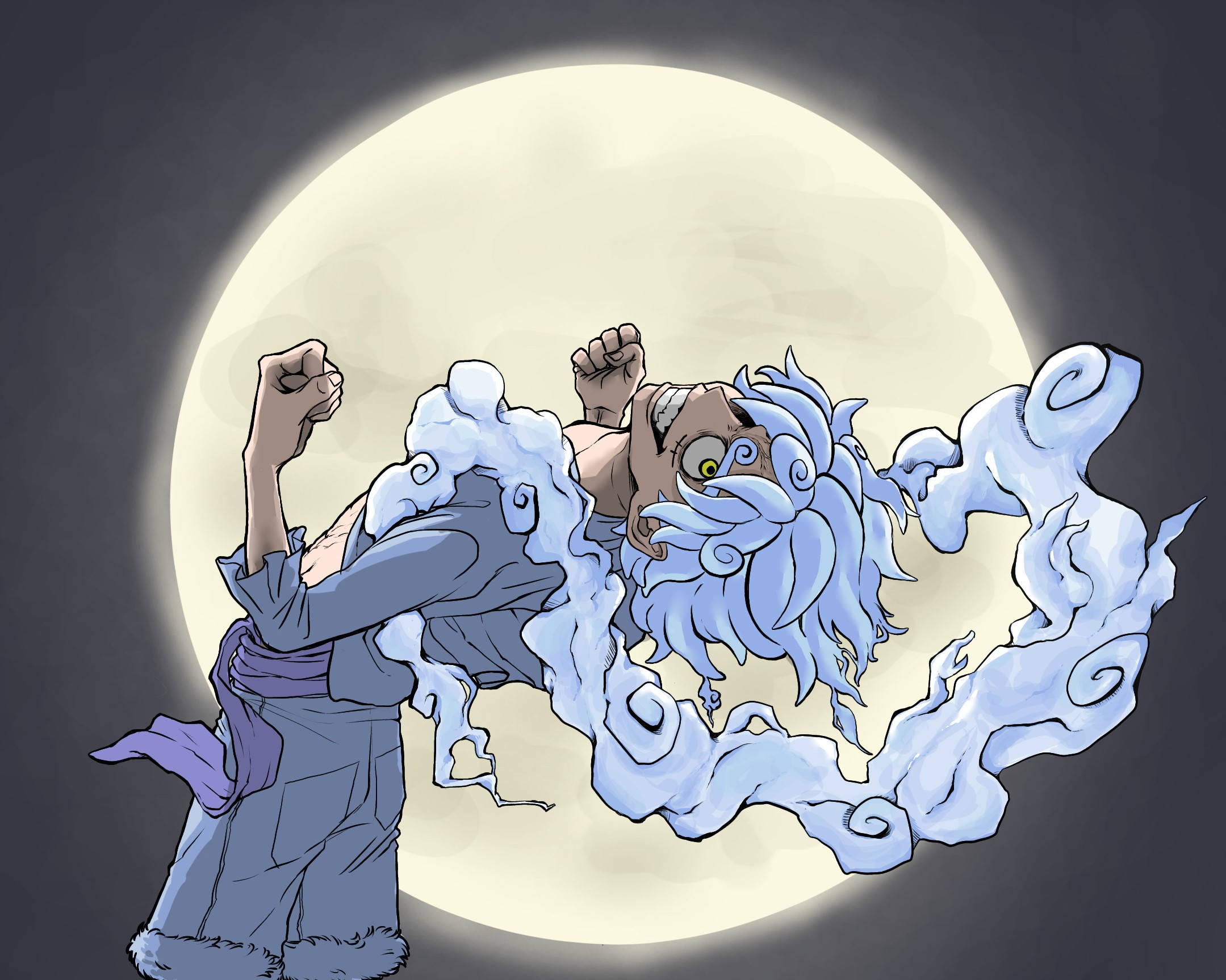 夜空 桌布 壁紙 — 一個風格化的戰士，擁有藍色冰霜頭髮和旋轉的霜凍，在發光的滿月前舉起拳頭。