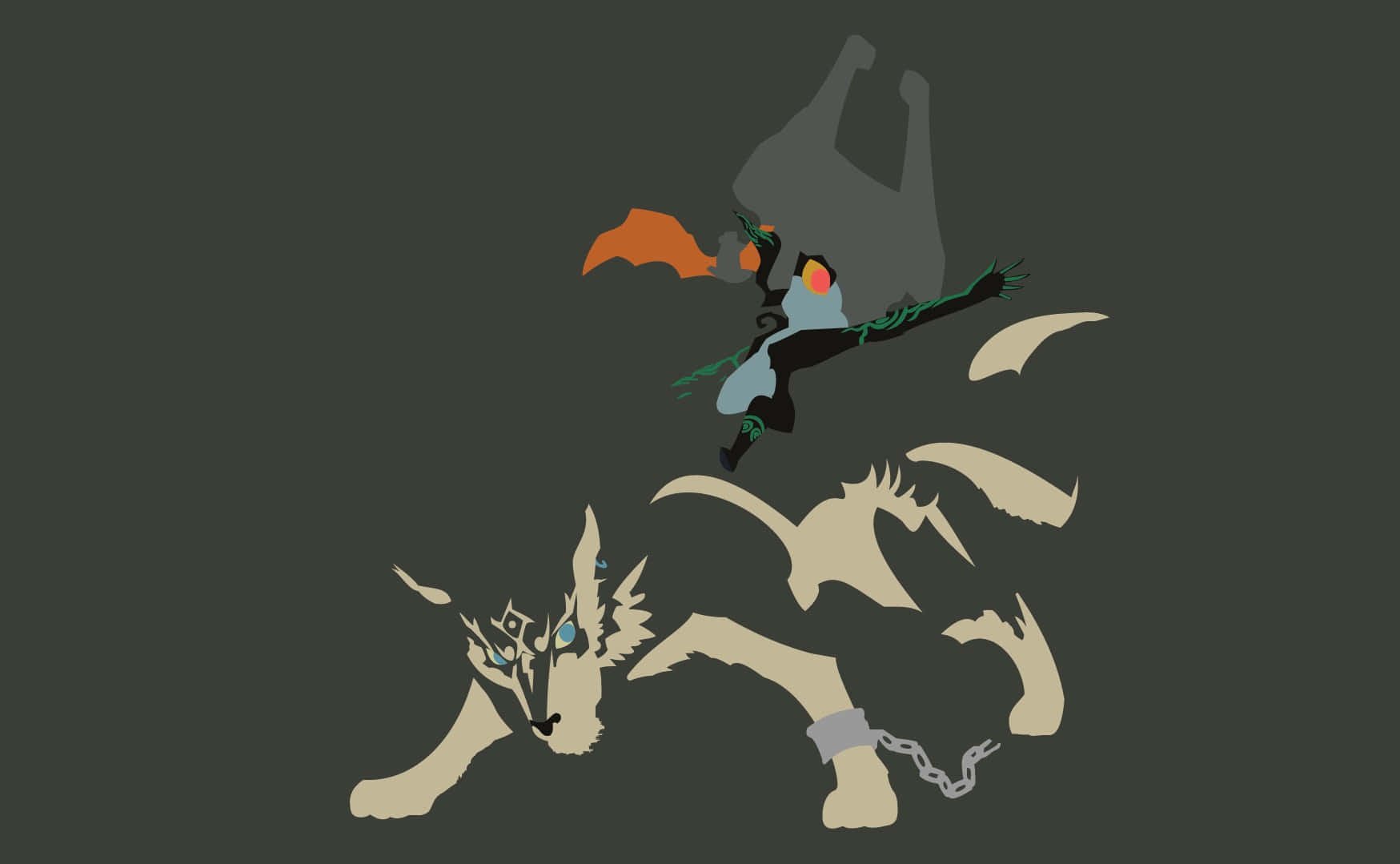 The Legend Of Zelda Midna 桌布 壁紙 — 一個風格化的戰士，眼睛發光，騎著一隻被鎖鏈拴住的狼狀生物，背景為深灰色。