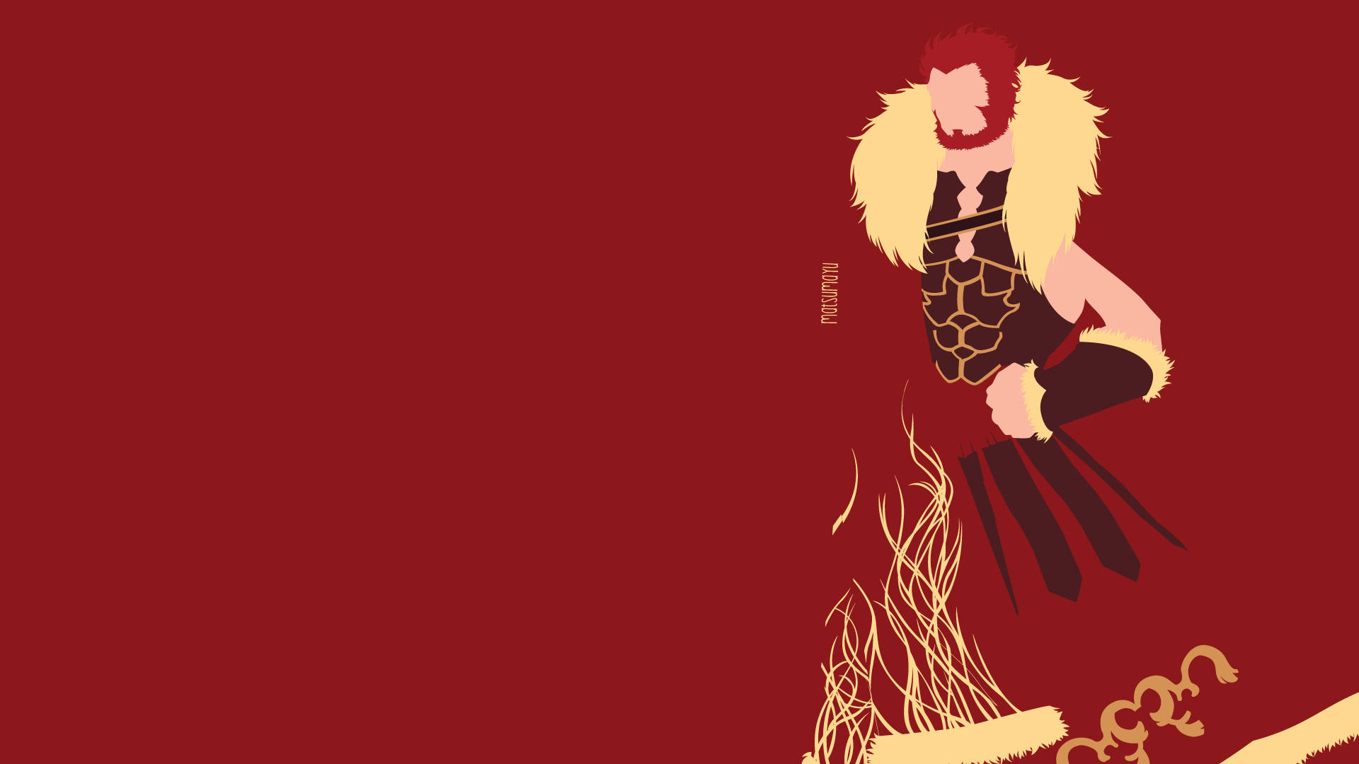Fate Zero 桌布 壁紙 — 一個風格化的戰士，紅髮和毛領，站在營火旁，背景是深紅色。