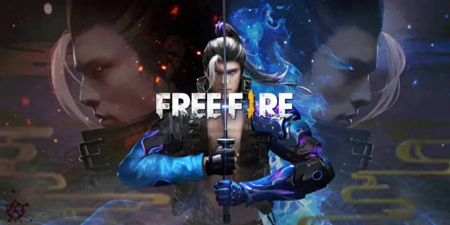 free fire bundle 桌布 壁紙 — 一個風格化的戰士，身穿發光的藍色盔甲，擁有雙重面孔，在充滿火焰粒子的宇宙背景下手持劍。
