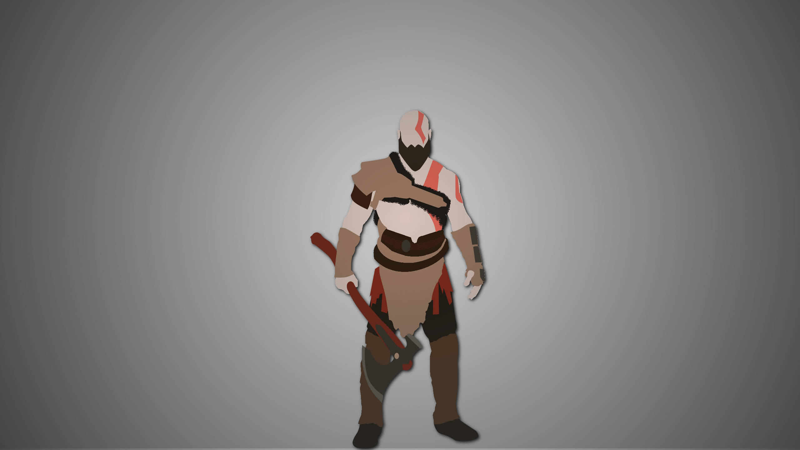 Kratos 桌布 壁紙 — 一個風格化的戰士，身穿紅色和白色盔甲，手持大斧，背景為純灰色。