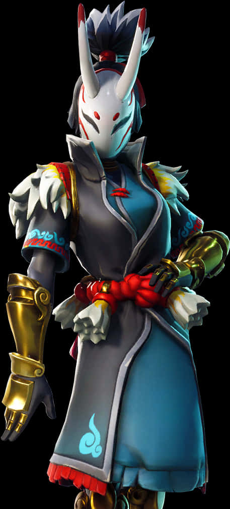 Fortnite 桌布 壁紙 — 一個風格化的戰士，身穿藍色盔甲，白色角和紅色點綴，在黑色背景前擺出姿勢。