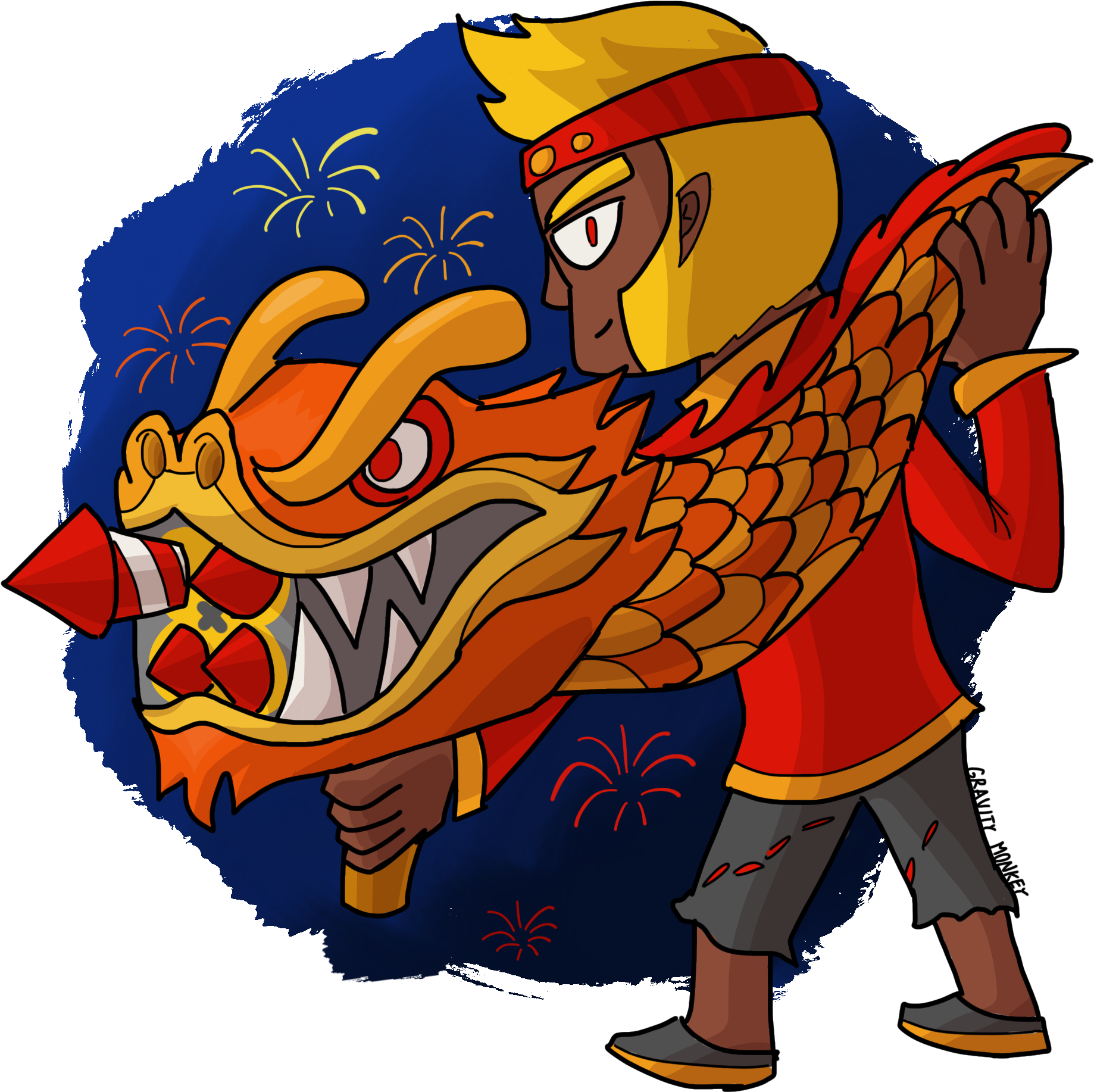 春節 桌布 壁紙 — 一個風格化的戰士，金色頭髮，手持火橙色龍頭，背景是深藍色夜空，綻放著五彩繽紛的煙火。