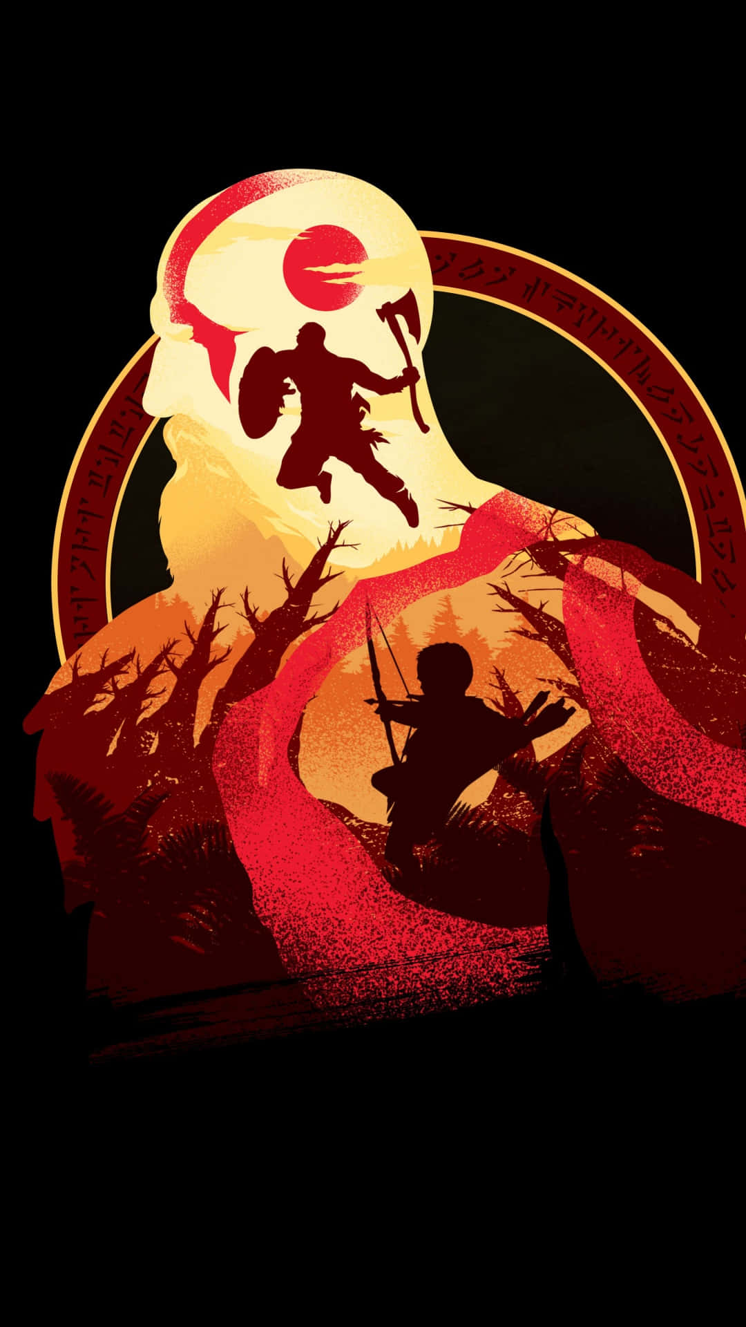 Dark War 桌布 壁紙 — 一個風格化的戰士剪影從一個發光的太陽中躍出，位於圓形框架內，背景為深紅色和橙色的紋理背景。
