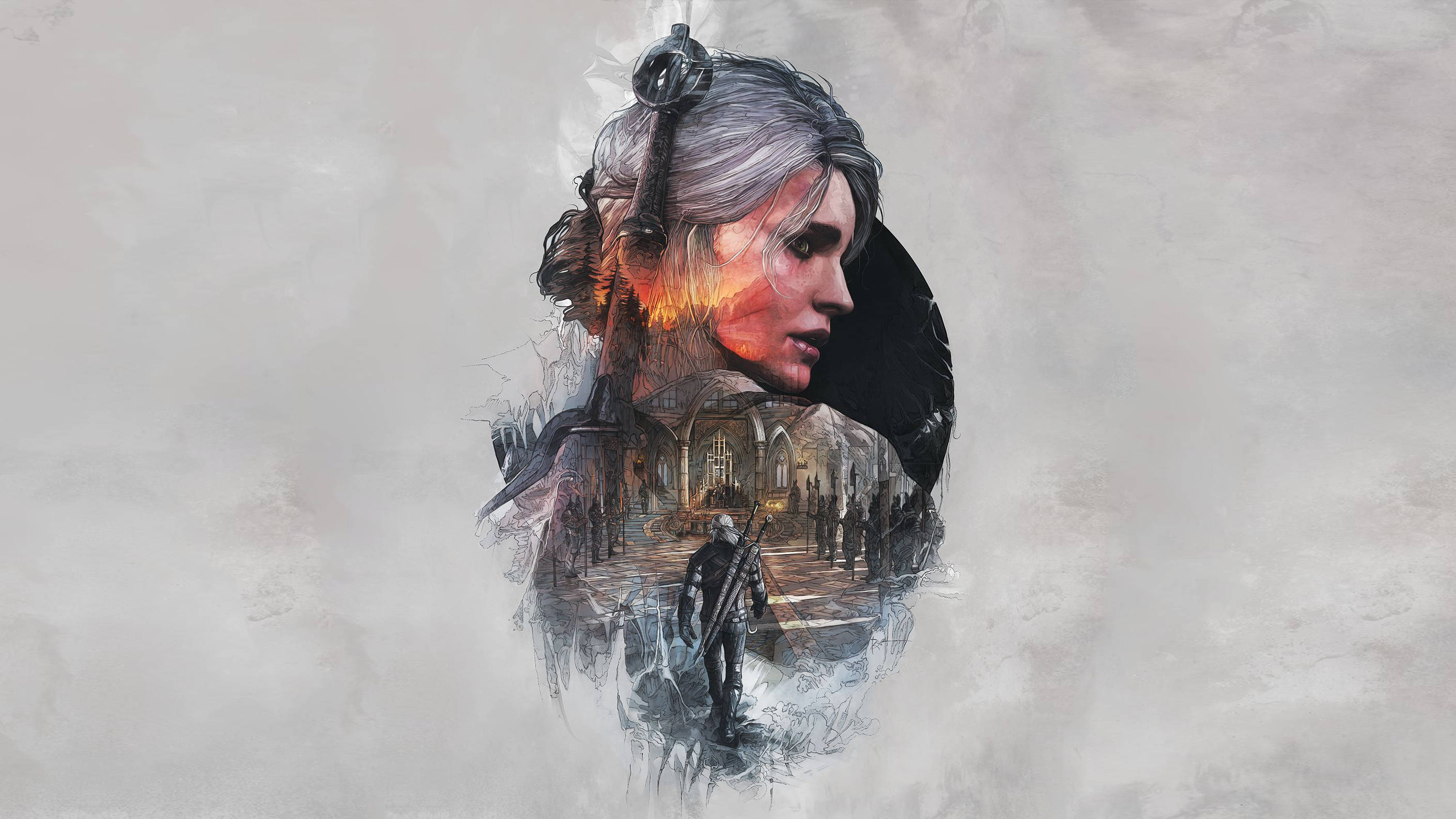 The Witcher 3 桌布 壁紙 — 一個風格化的戰士女性肖像，銀色頭髮和劍，她的臉融入黑暗的大教堂場景，下方有一個孤獨的身影。