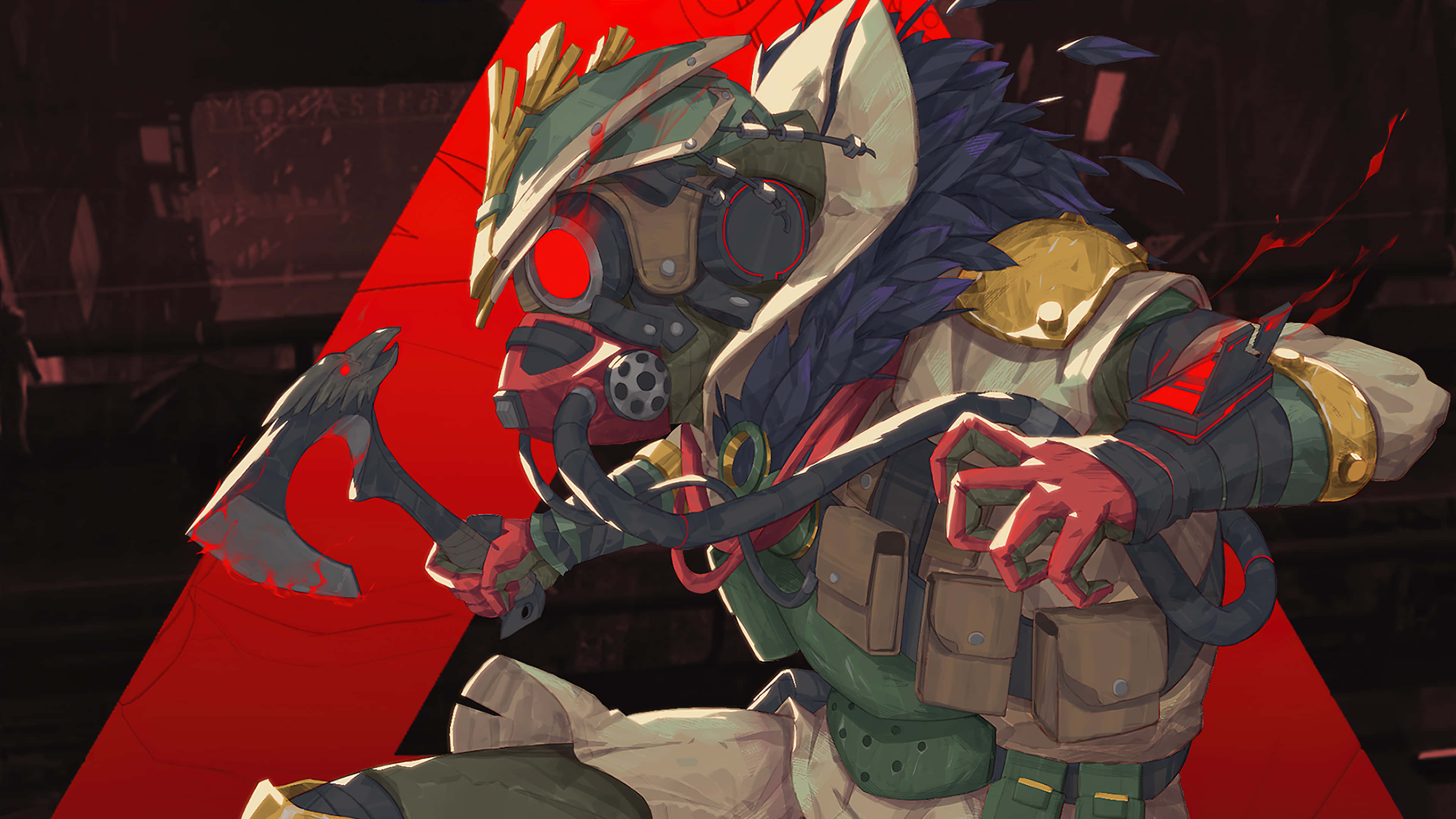 Apex Legends Characters 桌布 壁紙 — 一個風格化的戰士戴著防毒面具和羽毛頭盔，在鮮紅的背景前揮舞著一把血淋淋的斧頭。