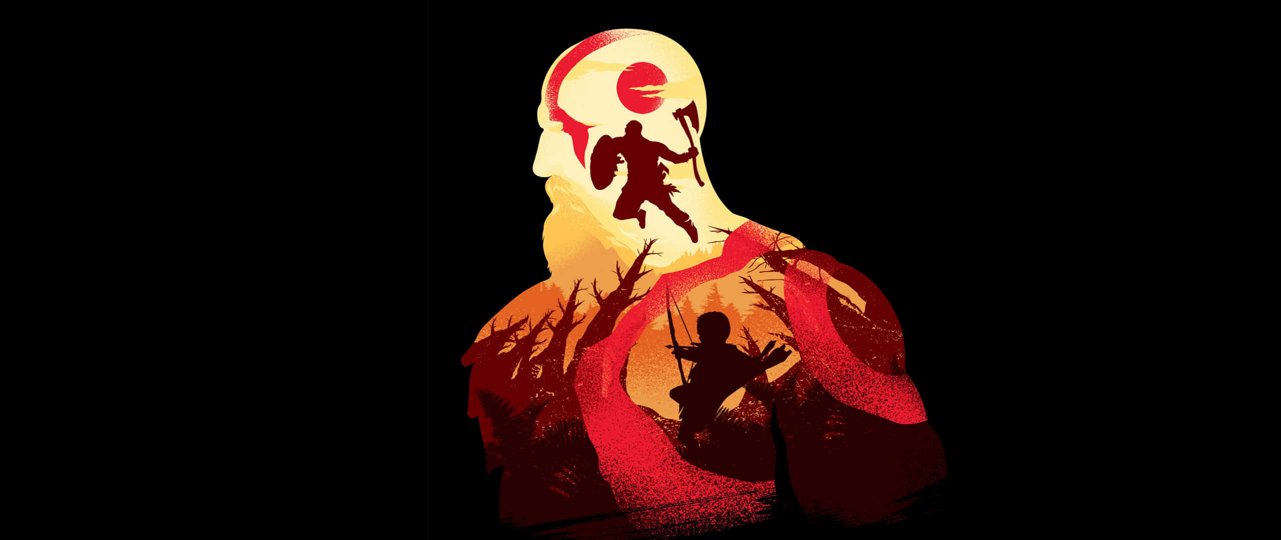 2560x1080 Minimal 桌布 壁紙 — 一個風格化的戰士頭部剪影，內部有戰鬥場景和一個紅色太陽，在黑色背景上發光。