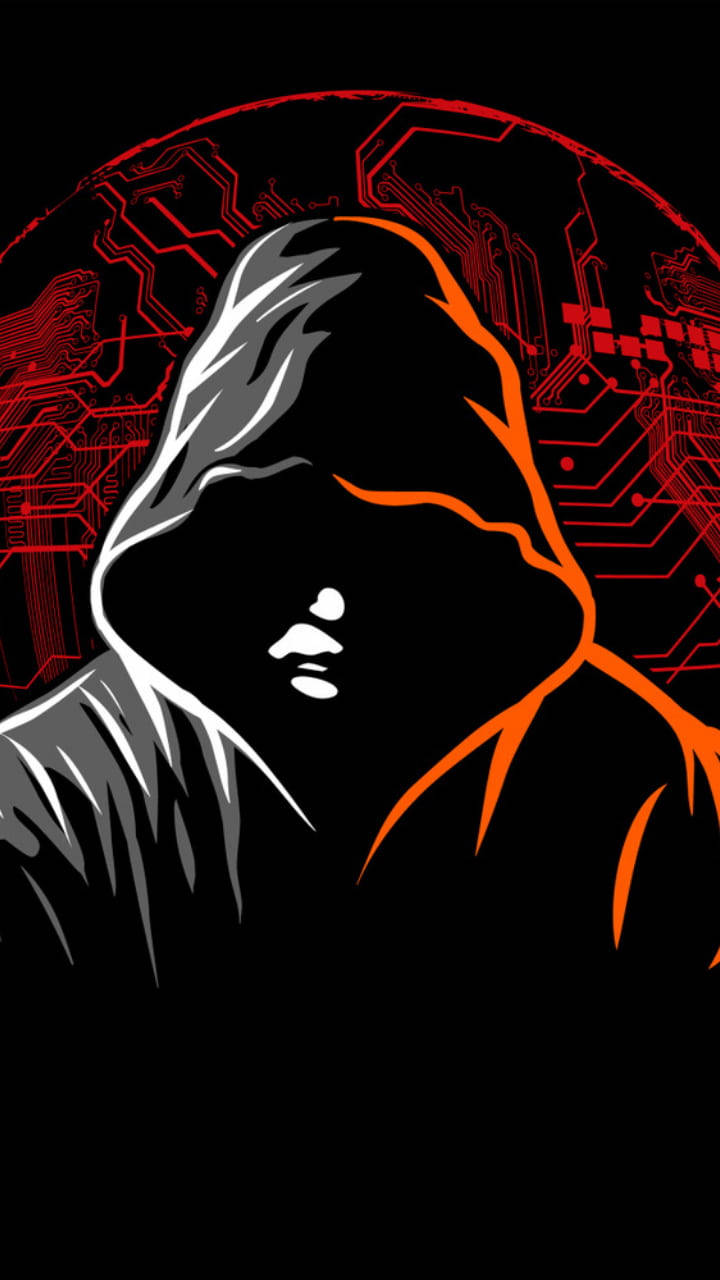 Hacking 桌布 壁紙 — 一個風格化的戴帽人物，帶有發光的橙色輪廓，站在黑色背景前的紅色電路板地球儀前。
