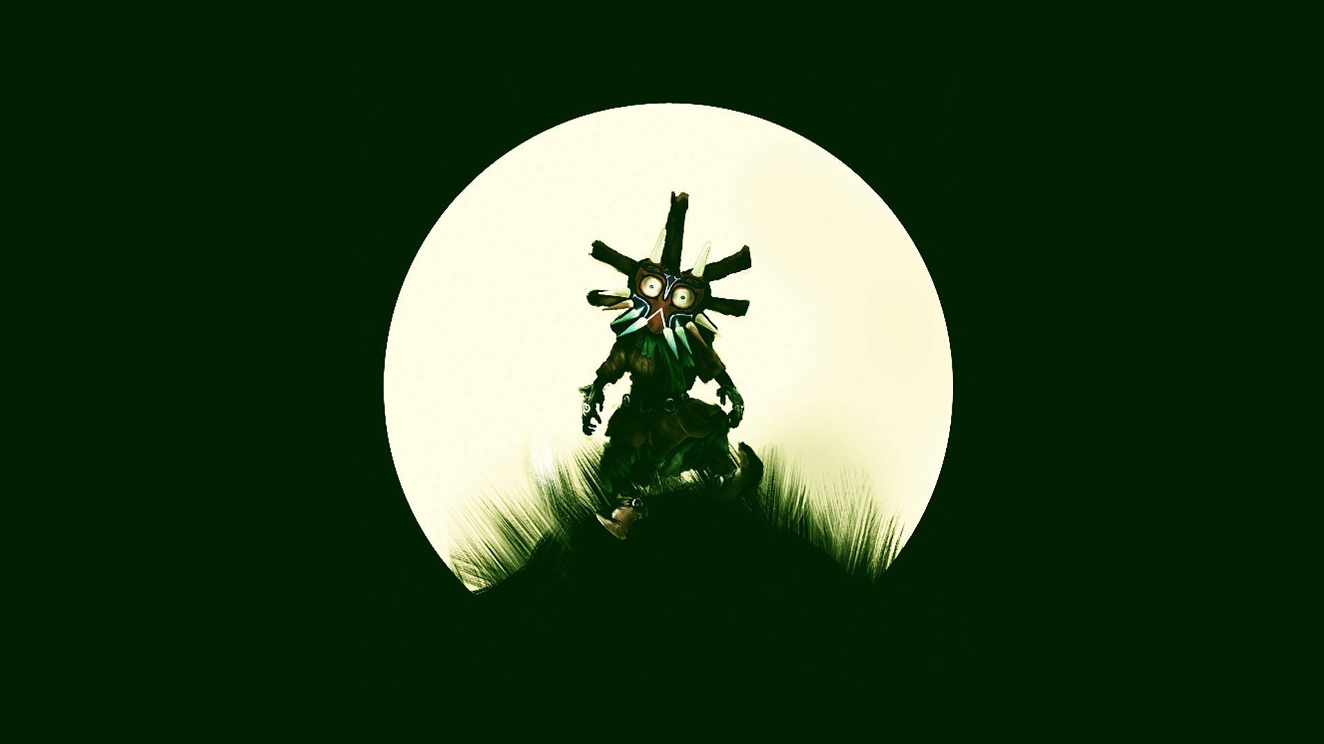 Majora's Mask 桌布 壁紙 — 一個風格化的戴面具人物站在長滿草的山丘上，在深綠色夜景中，剪影映襯著發光的滿月。