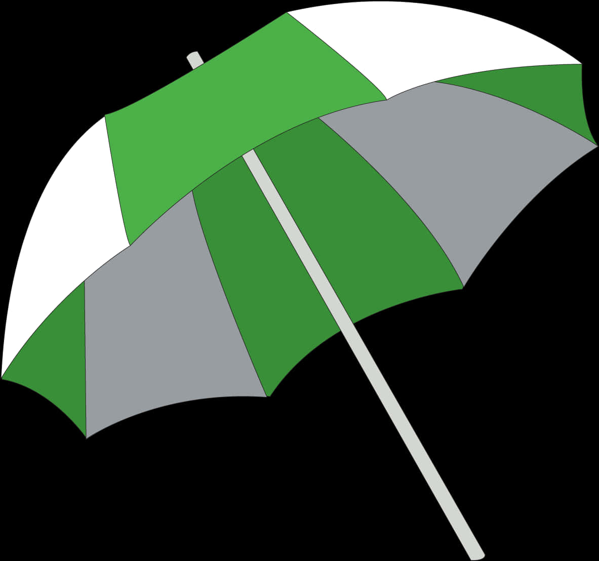 剪貼畫 桌布 壁紙 — 一個風格化的打開雨傘，帶有交替的綠色、白色和灰色面板，背景為黑色。