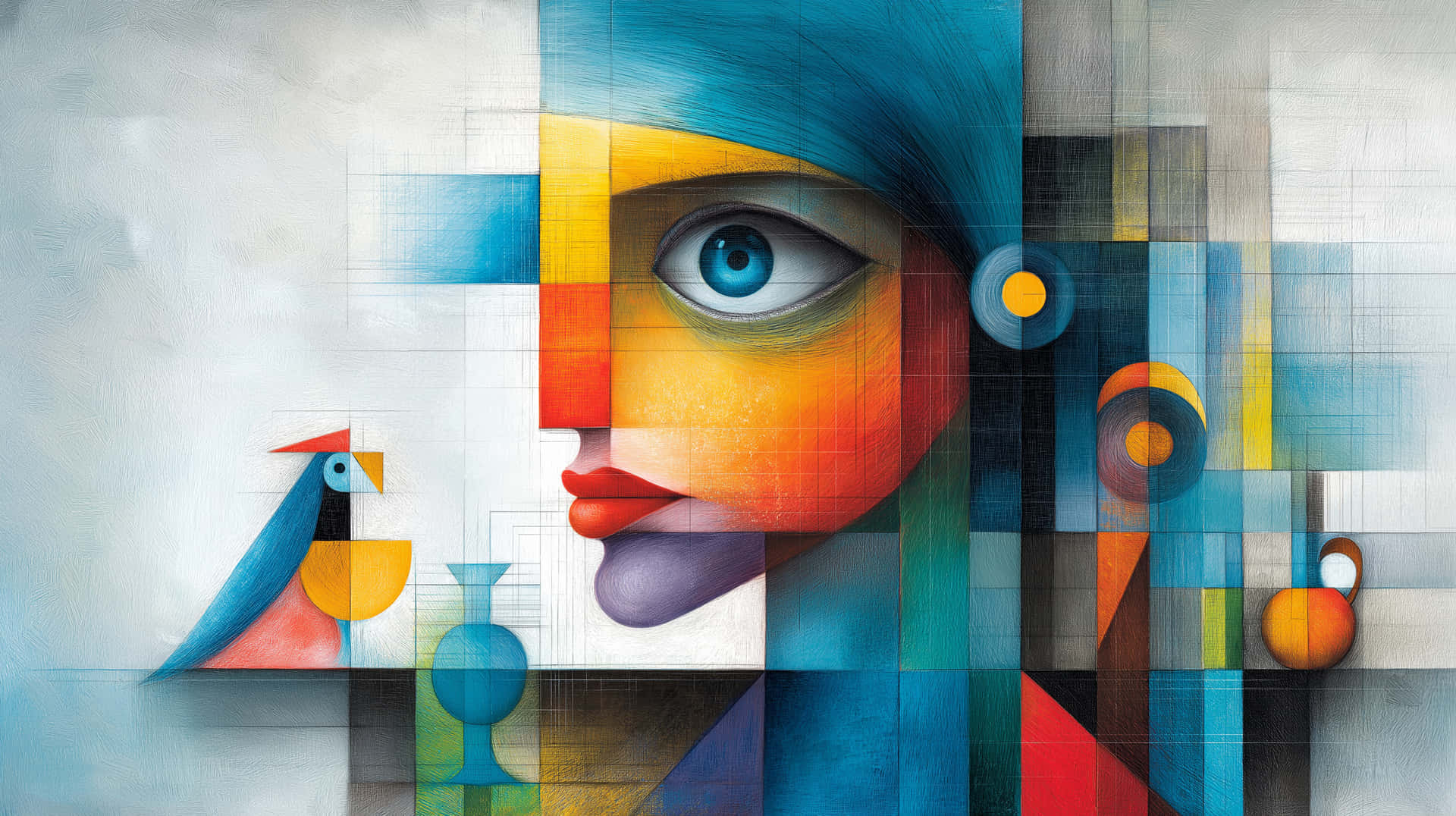 Cubist portrait with bird and geometric elements, Picasso-Feininger 壁紙 — 一個風格化的抽象女性肖像，擁有藍色眼睛和紅色嘴唇，旁邊有一隻色彩繽紛的鳥和幾何形狀。