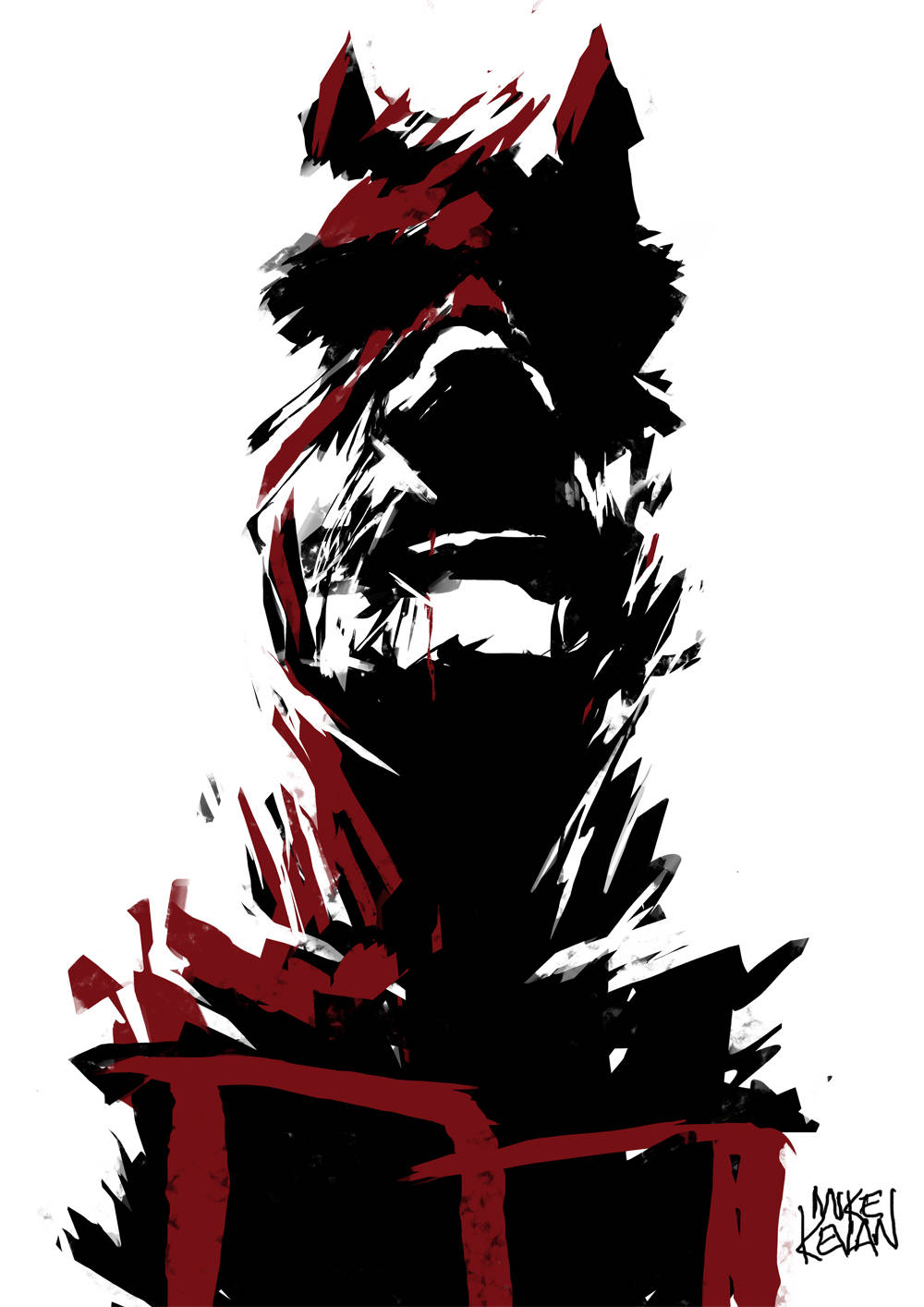 Marvel Aesthetic 桌布 壁紙 — 一個風格化的抽象惡魔肖像，以銳利的黑色和紅色筆觸繪製在純白背景上。