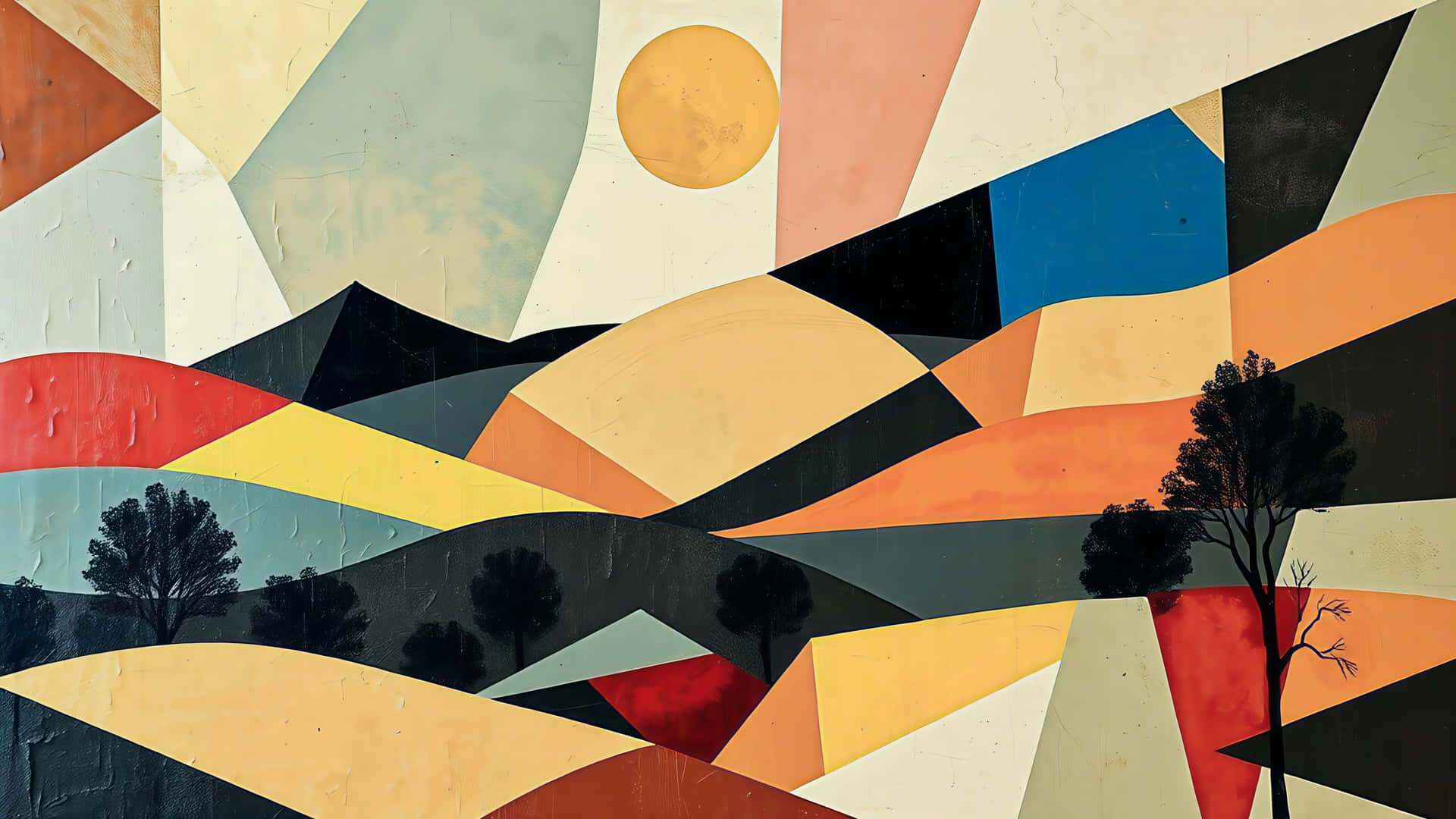 Geometric Abstract Landscape 壁紙 — 一個風格化的抽象景觀，以幾何形狀的山脈、樹木和太陽，用大膽的暖色和冷色呈現。