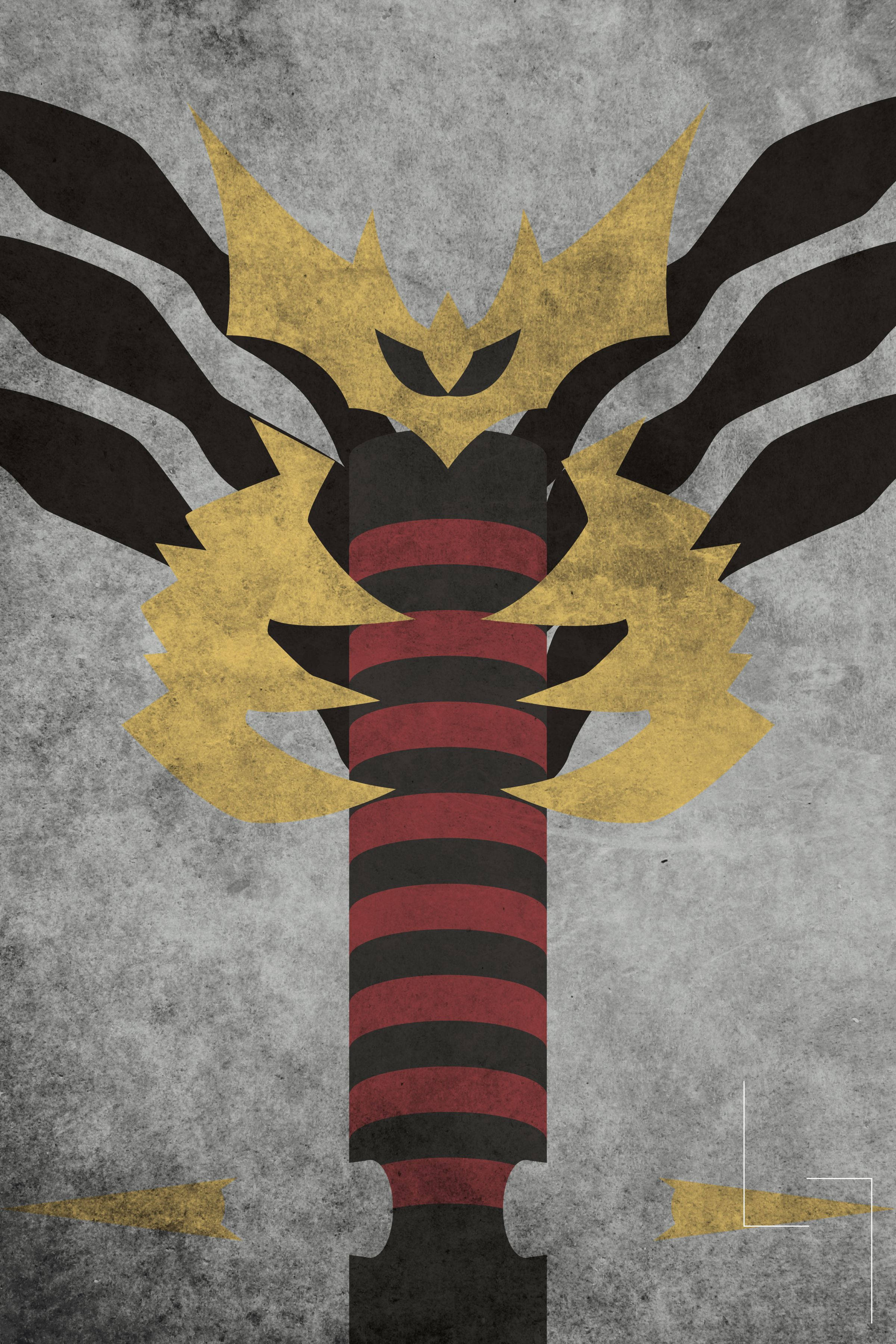 Giratina 桌布 壁紙 — 一個風格化的抽象生物，擁有黑色翅膀和金色火焰般的特徵，從紅黑條紋柱中浮現，背景為紋理灰色。