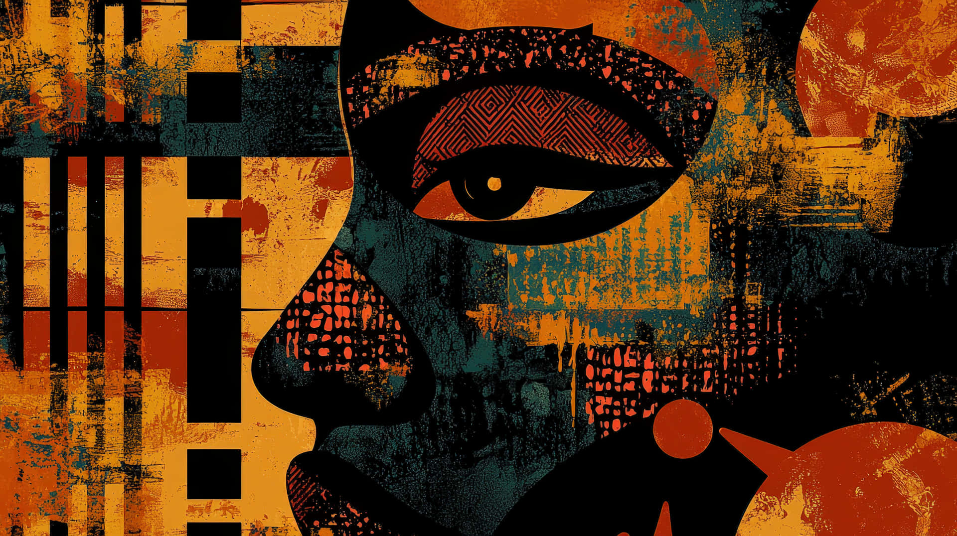 Abstract African art with vibrant patterns and geometric shapes. 壁紙 — 一個風格化的抽象肖像，側面臉部有一隻大眼睛，以鮮明的橙色、藍綠色和黑色呈現，帶有紋理圖案和幾何形狀。