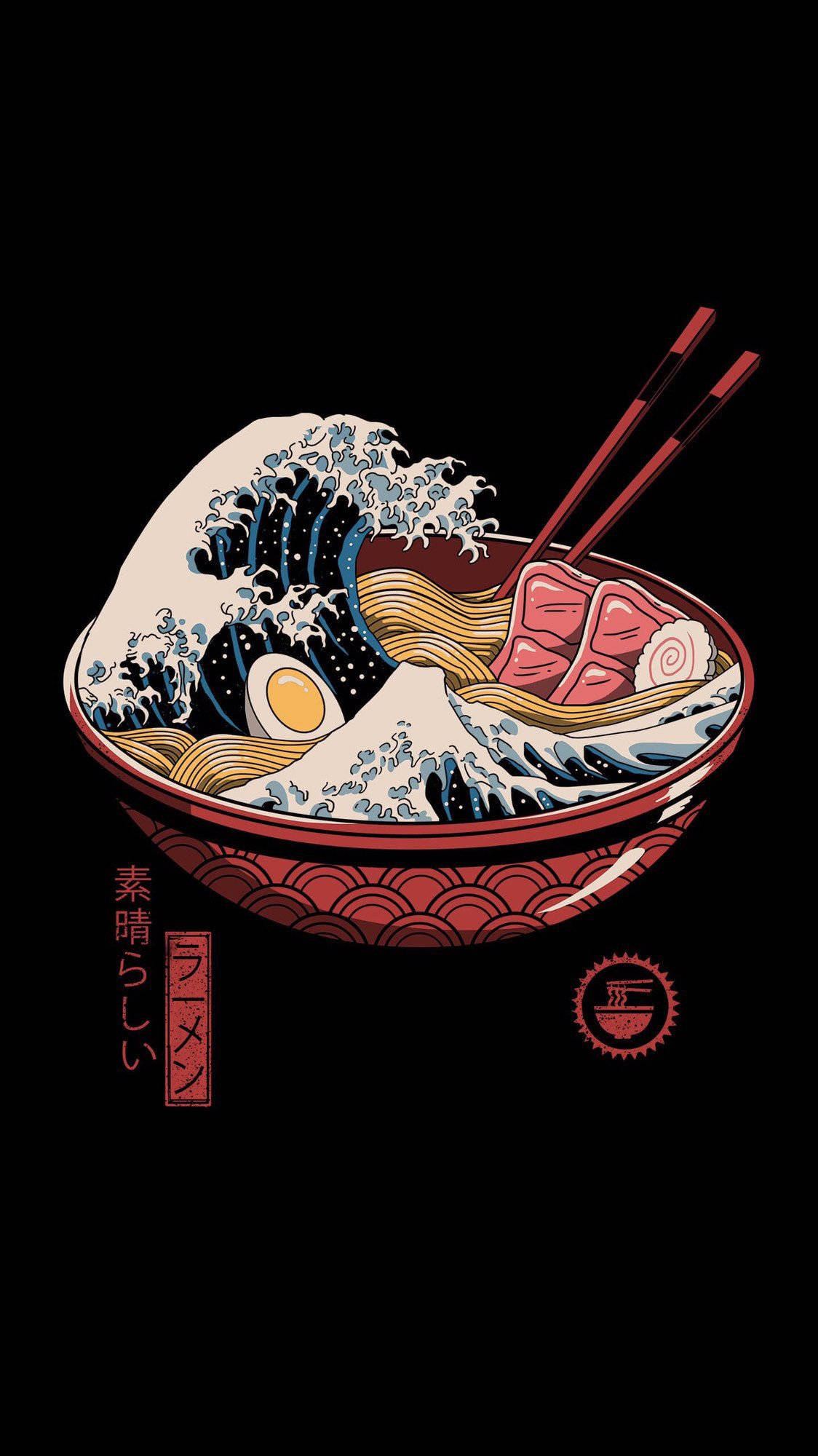 Ramen 桌布 壁紙 — 一個風格化的拉麵碗，帶有受葛飾北齋《神奈川沖浪裏》啟發的波浪圖案，頂部放著筷子。