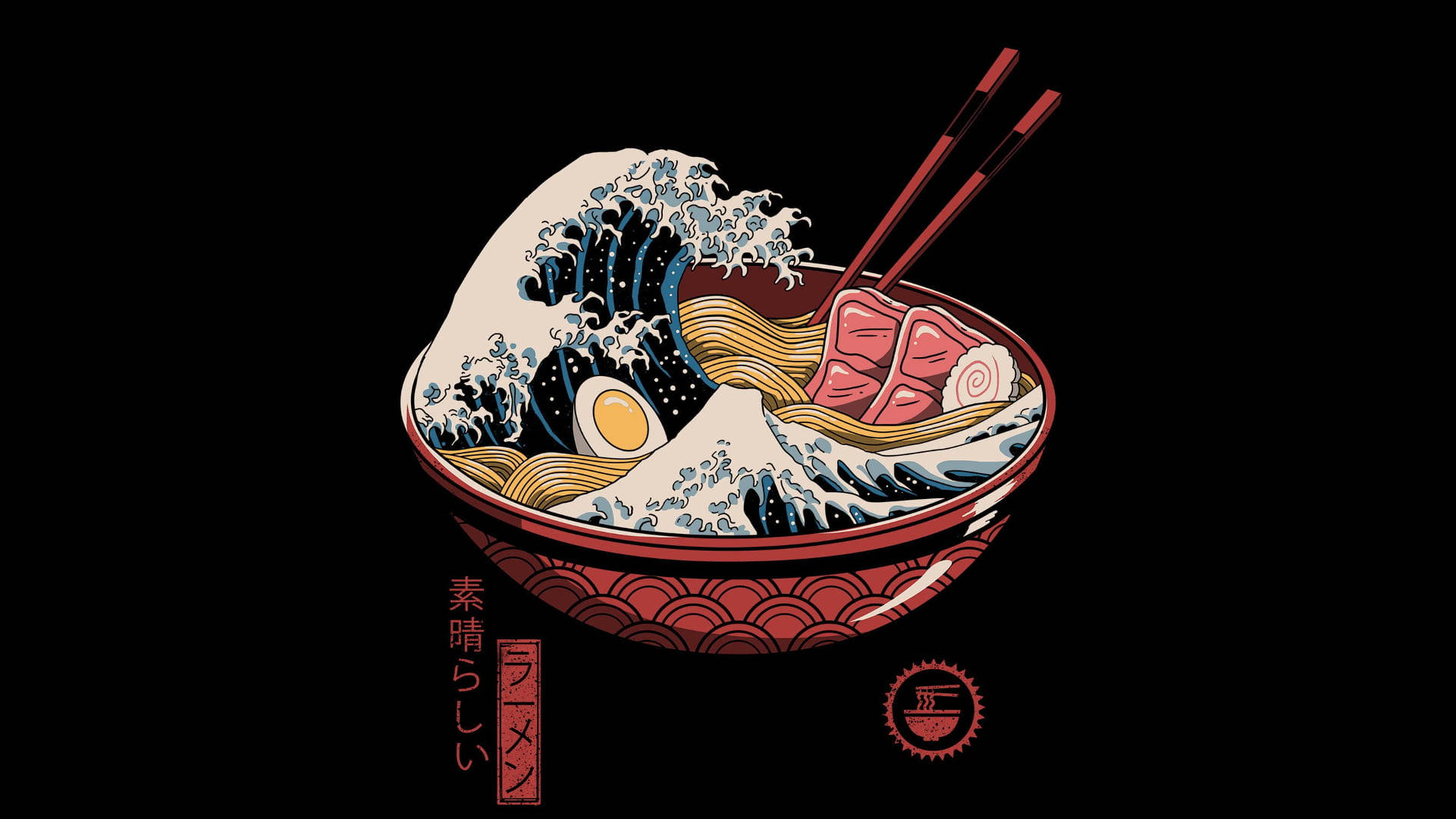 日式海浪 桌布 壁紙 — 一個風格化的拉麵碗，盛滿麵條、雞蛋、肉和形似葛飾北齋巨浪的筷子。