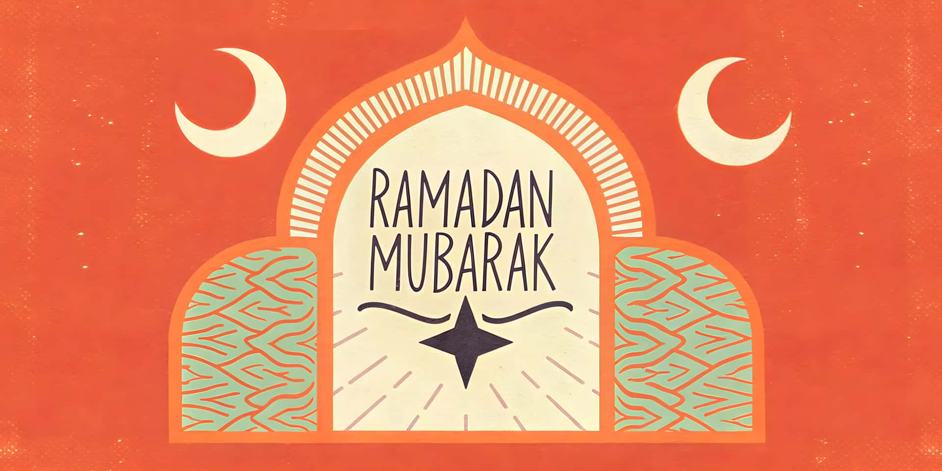 Ramadan mubarak greeting card 壁紙 — 一個風格化的拱形門口，帶有「Ramadan Mubarak」文字和新月，背景為紋理橙色。