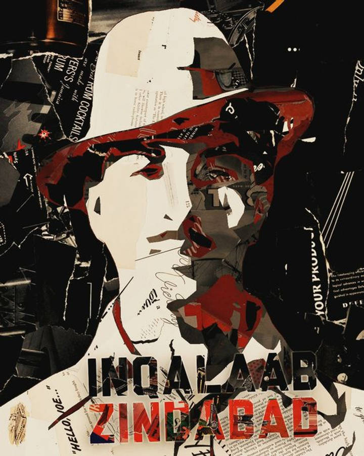 Shaheed Bhagat Singh 桌布 壁紙 — 一個風格化的拼貼肖像，描繪一位戴著軟呢帽的男子，由撕碎的新聞紙碎片製成，並帶有粗體的紅色和黑色文字疊加。