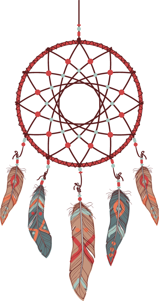 dreamcatcher 桌布 壁紙 — 一個風格化的捕夢網，帶有紅色網格和彩色圖案羽毛，懸掛在黑色背景上。