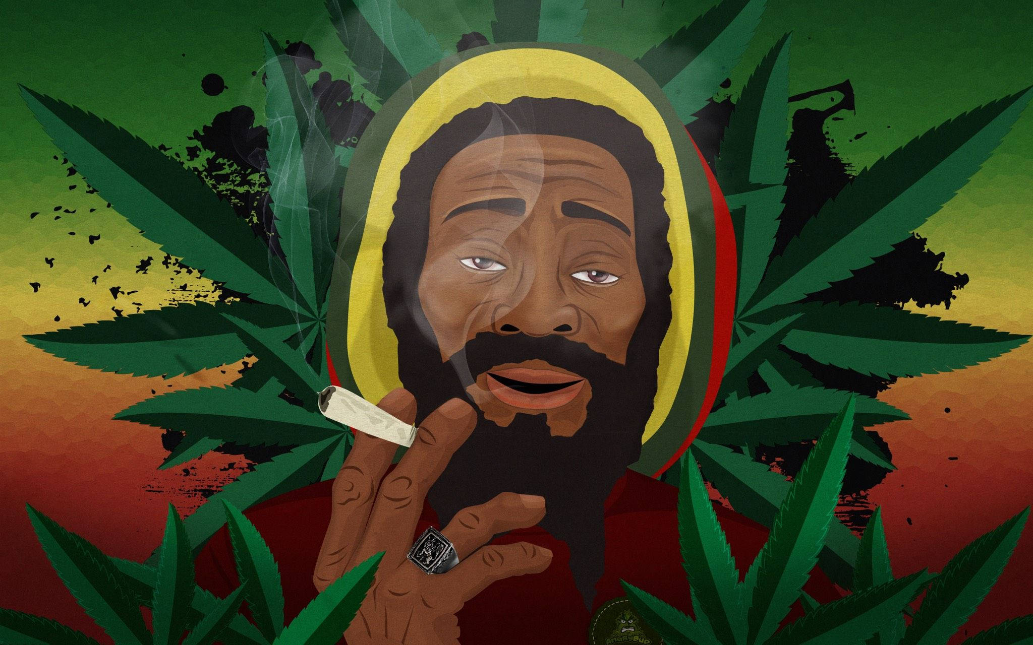 Rasta 桌布 壁紙 — 一個風格化的插圖，一個鬍鬚男人戴著拉斯特法里帽，手持大麻煙，周圍環繞著大麻葉，背景是鮮豔的綠色、黃色和紅色。