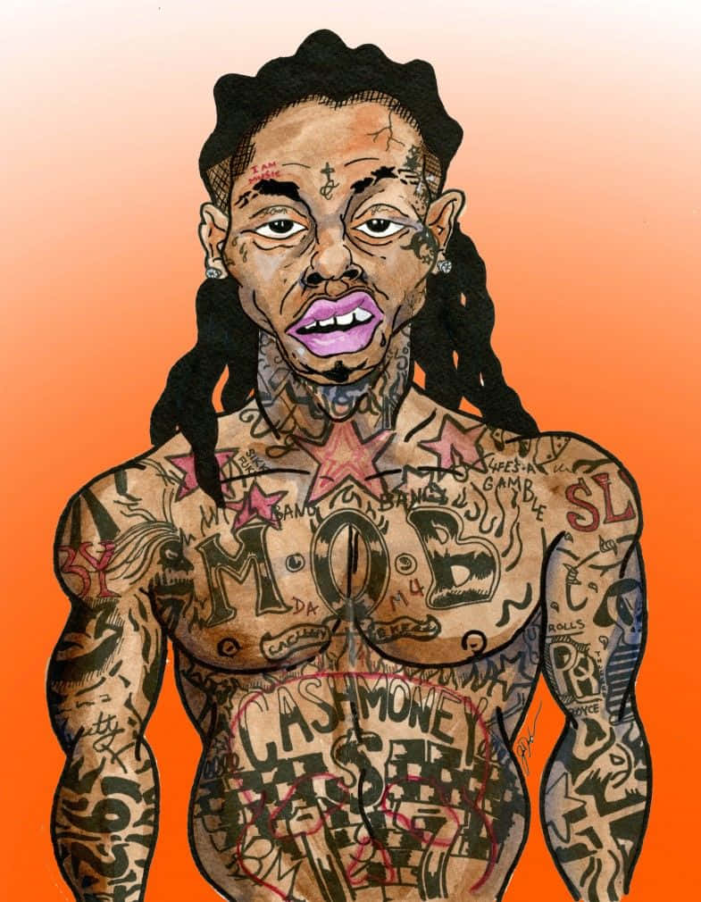 Cartoon Rapper 桌布 壁紙 — 一個風格化的插圖，展示一個有刺青、辮子和粉紅色嘴唇的男人，背景是橙色漸變色。