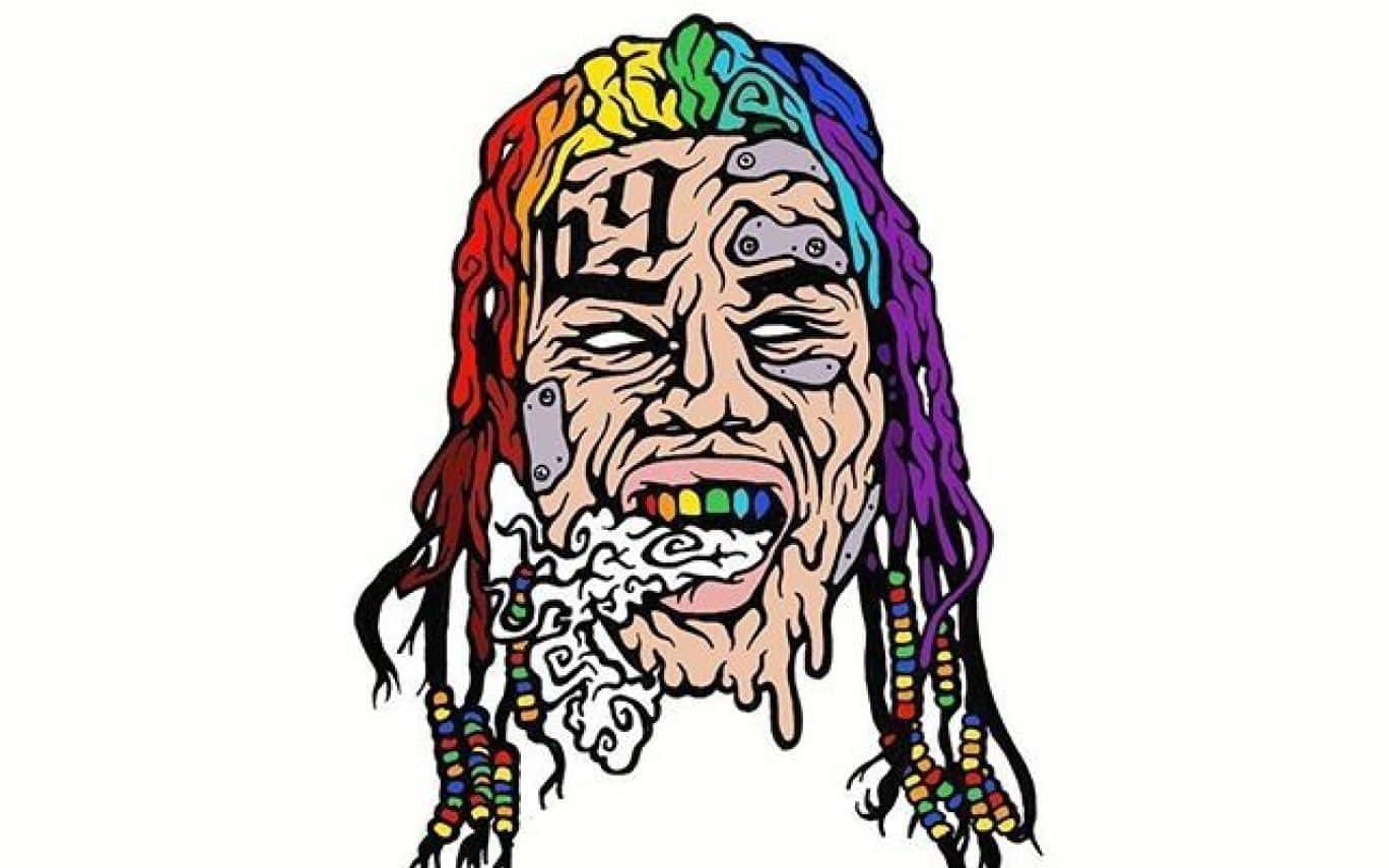 69 Rapper 桌布 壁紙 — 一個風格化的插圖，展示一張臉，帶有彩虹色辮子和從口中冒出的煙霧，背景為白色。