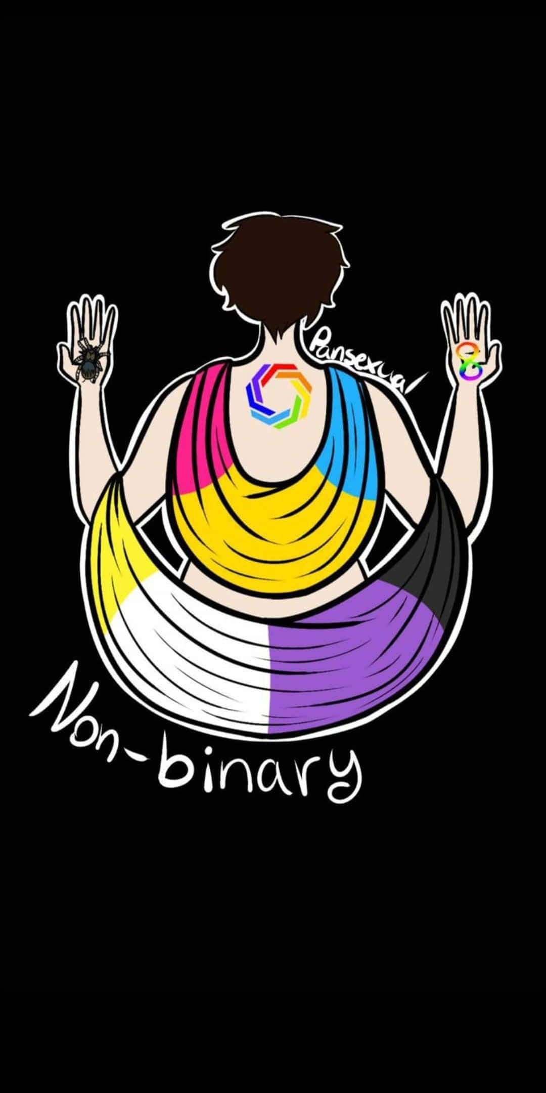 Pansexual 桌布 壁紙 — 一個風格化的插圖，從背後描繪一個非二元性別的人，穿著彩虹色垂墜服飾，手上帶有驕傲象徵，背景為黑色。