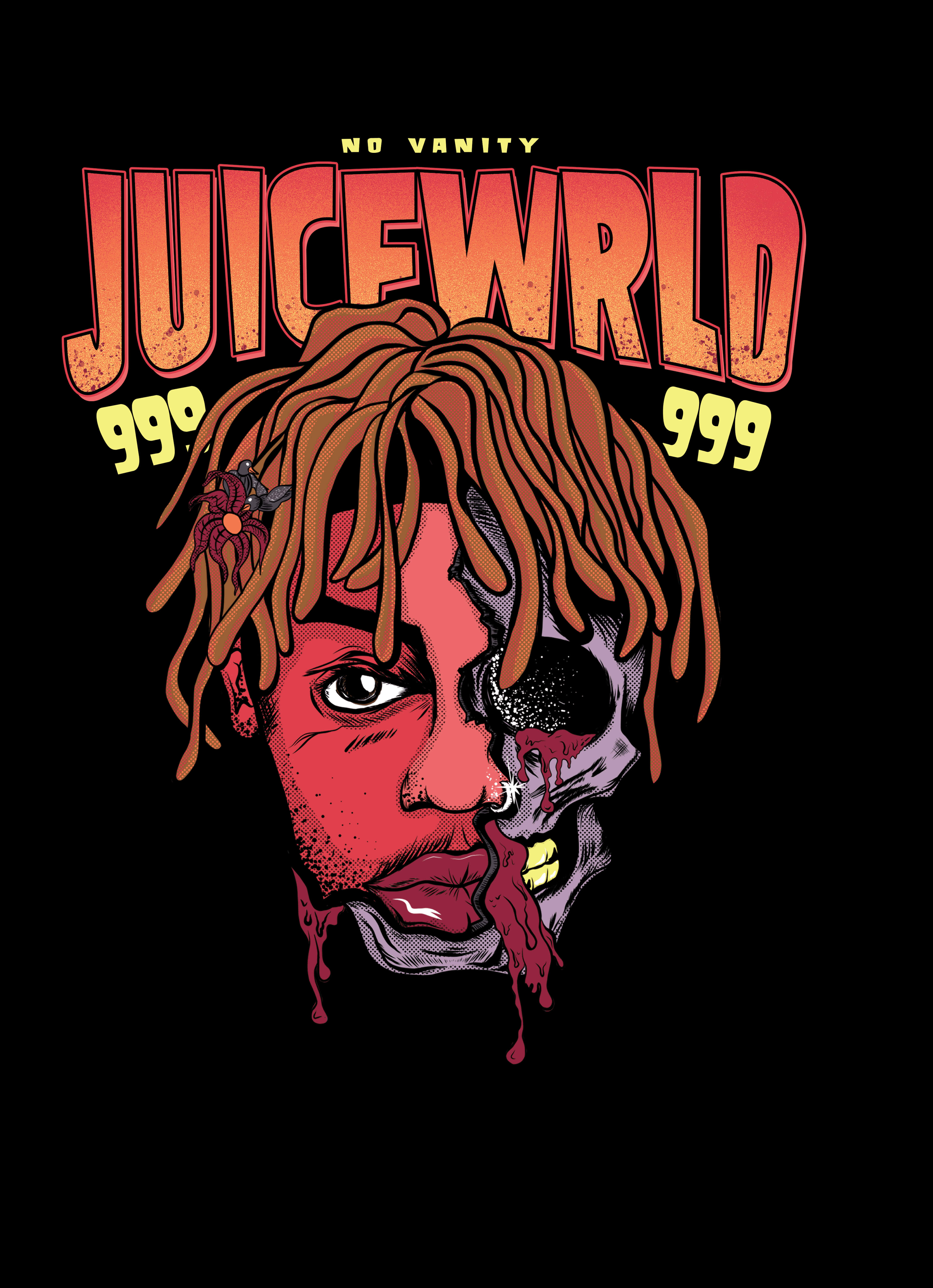 Juice Wrld iPhone 桌布 壁紙 — 一個風格化的插圖，描繪Juice WRLD的臉一半腐爛成骷髏，紅色血液滴落，背景為黑色。