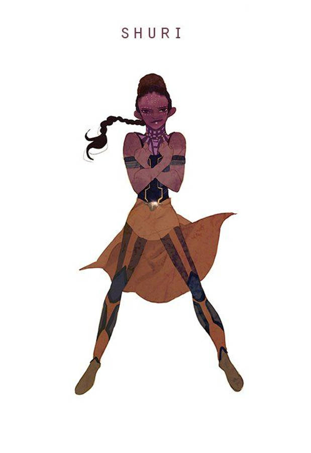 Shuri 桌布 壁紙 — 一個風格化的插圖，描繪Shuri在動態姿勢中，辮子頭髮和未來主義盔甲，背景為純白色。