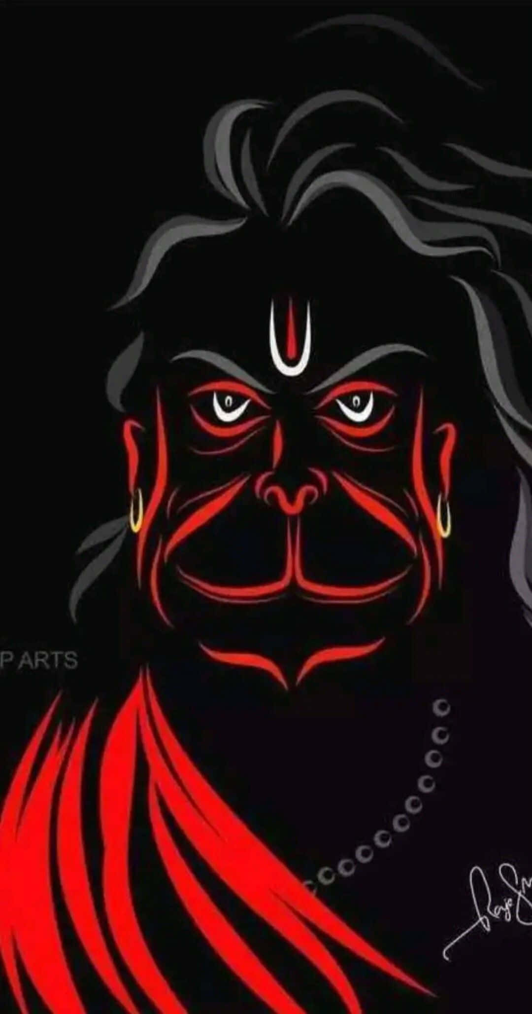 Hanuman 桌布 壁紙 — 一個風格化的插圖，描繪一位兇猛的紅臉神祇，眼睛發光，頭髮飄逸，背景為黑色。