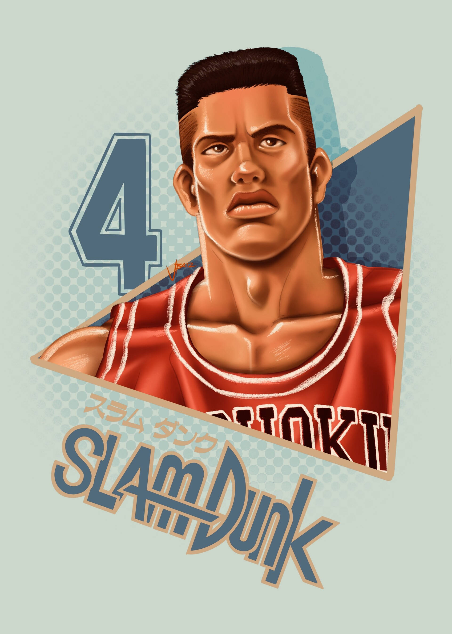 Slam 桌布 壁紙 — 一個風格化的插圖，描繪一位堅定的籃球運動員，身穿紅色球衣，號碼4，帶有'SHOHOKU'文字，背景為淺青色。