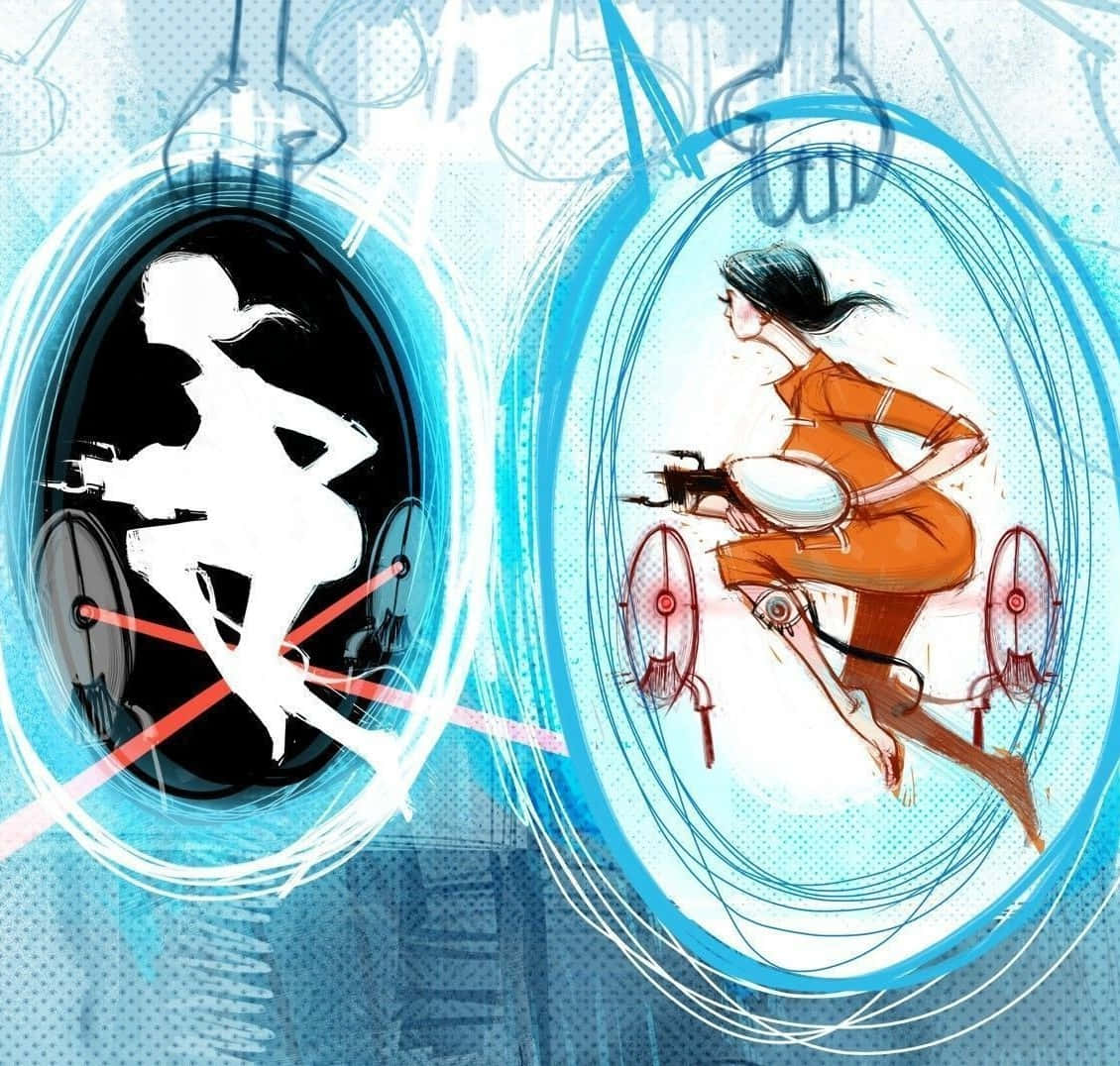 電玩遊戲 桌布 壁紙 — 一個風格化的插圖，描繪一位女性在兩個對比的圓形框架中騎自行車，一個是黑白，另一個是鮮豔的橙色，背景為藍色。