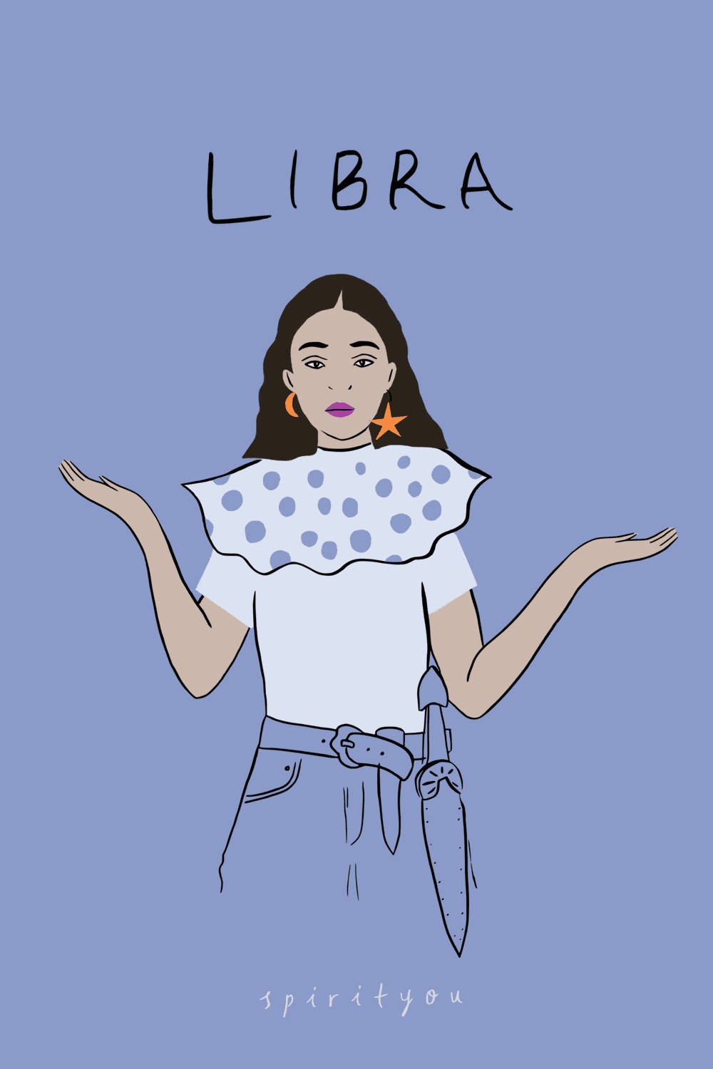 Woman 桌布 壁紙 — 一個風格化的插圖，描繪一位女性張開雙臂，穿著波點領口，腰間佩劍，背景為純藍色。