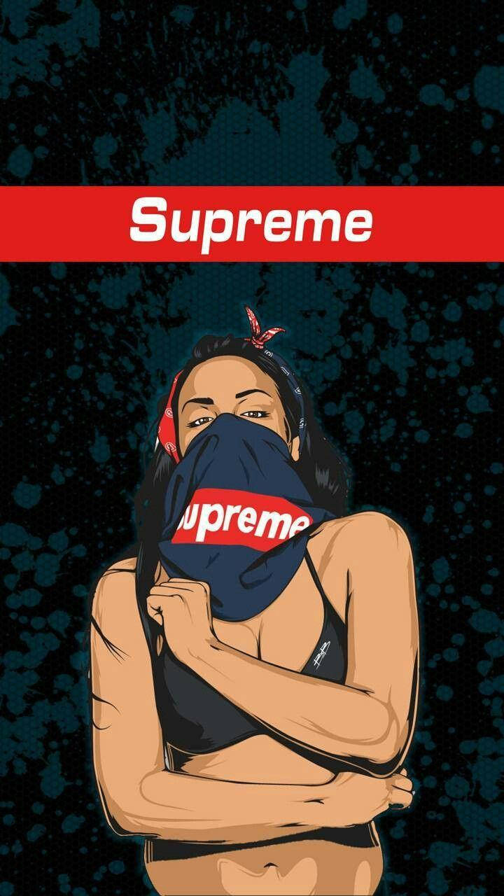 超屌 Supreme 桌布 壁紙 — 一個風格化的插圖，描繪一位女性戴著 Supreme 頭巾遮住嘴巴，背景為深色潑濺效果。