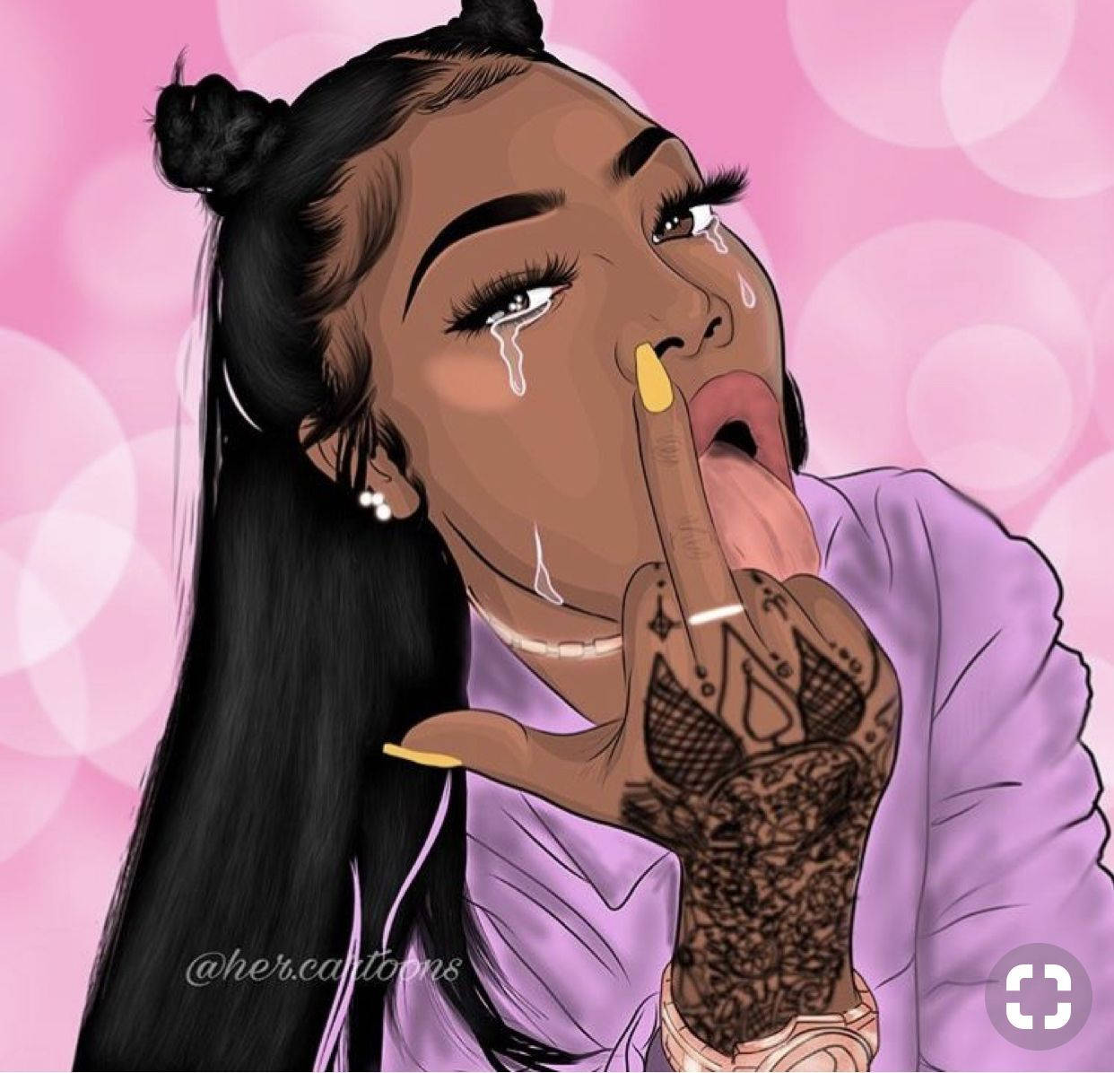 Black Girl 桌布 壁紙 — 一個風格化的插圖，描繪一位女性淚流滿面，將手指放在嘴唇上。