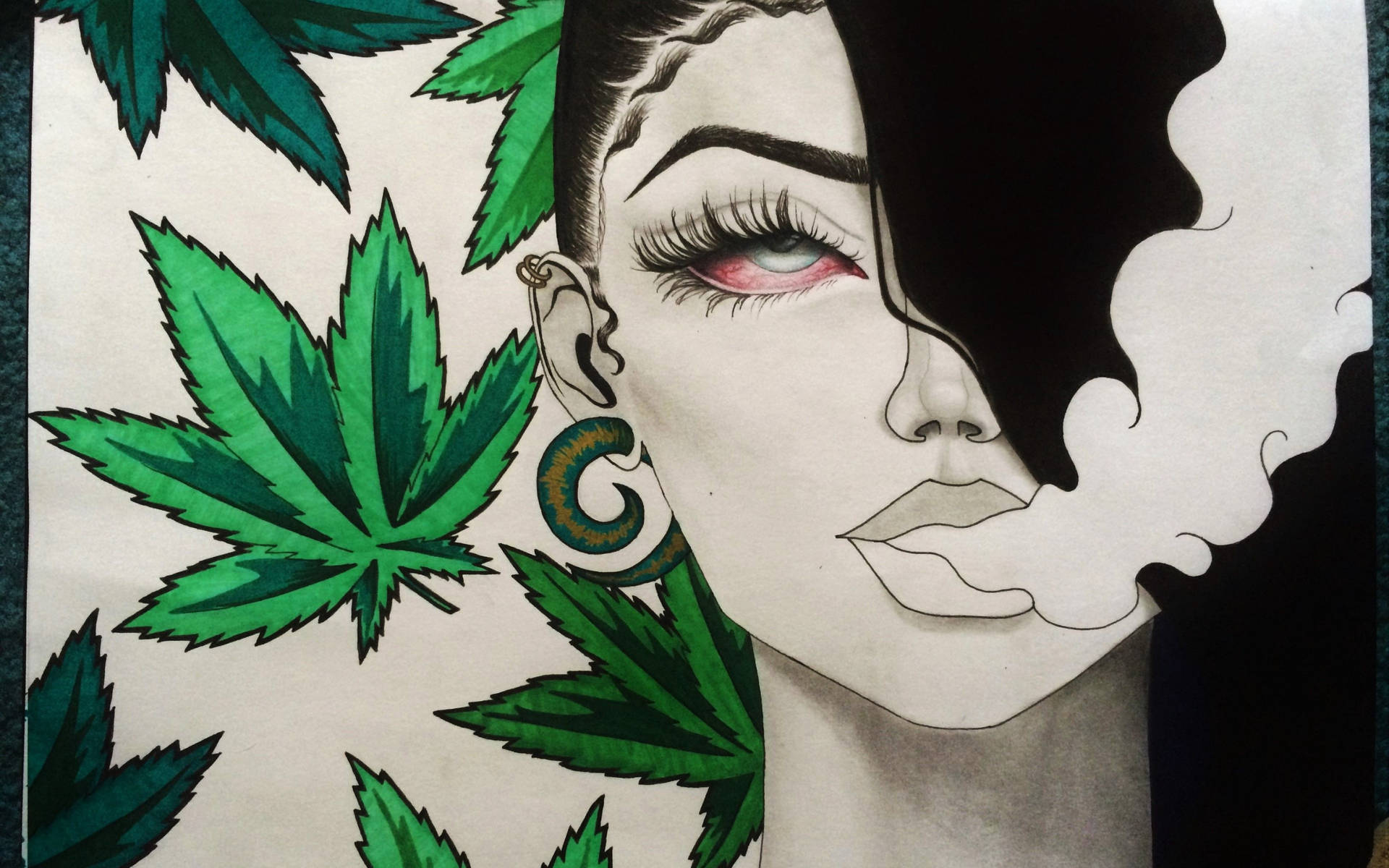 一個在圖形插圖中，眼睛發紅、周圍有綠色大麻葉的女性。 — 大麻 壁紙