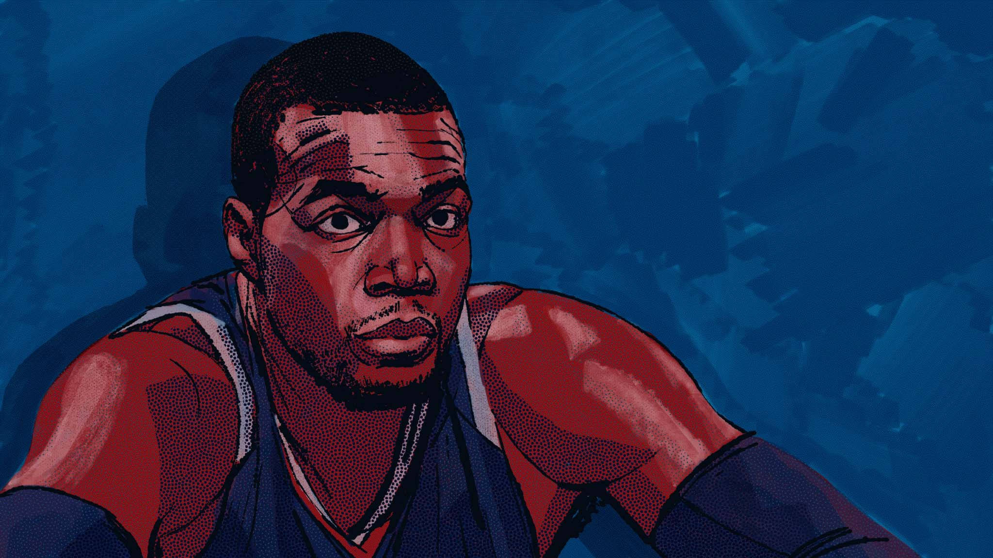 paul millsap 桌布 壁紙 — 一個風格化的插圖，描繪一位專注的籃球運動員，身穿紅藍球衣，背景為深藍色抽象圖案。