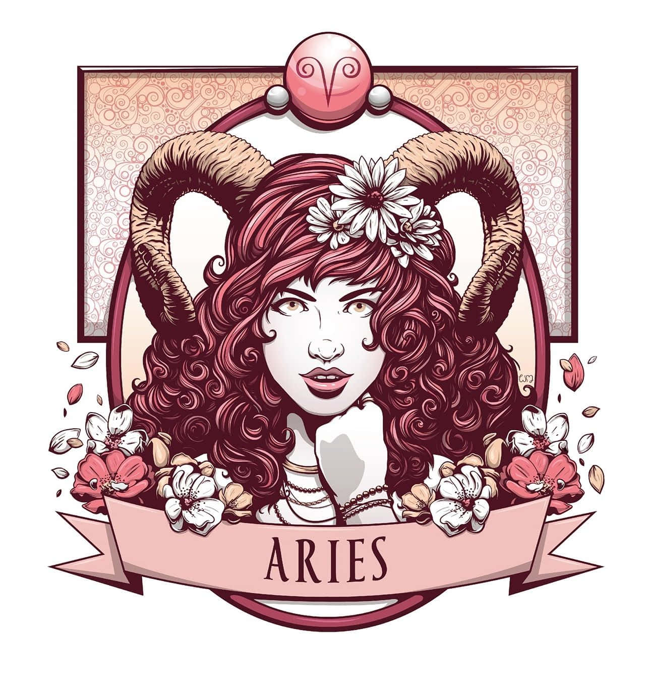 Zodiac Sign 桌布 壁紙 — 一個風格化的插圖，描繪一位帶有公羊角和花冠的女性，周圍環繞著華麗邊框和寫有「Aries」的橫幅。