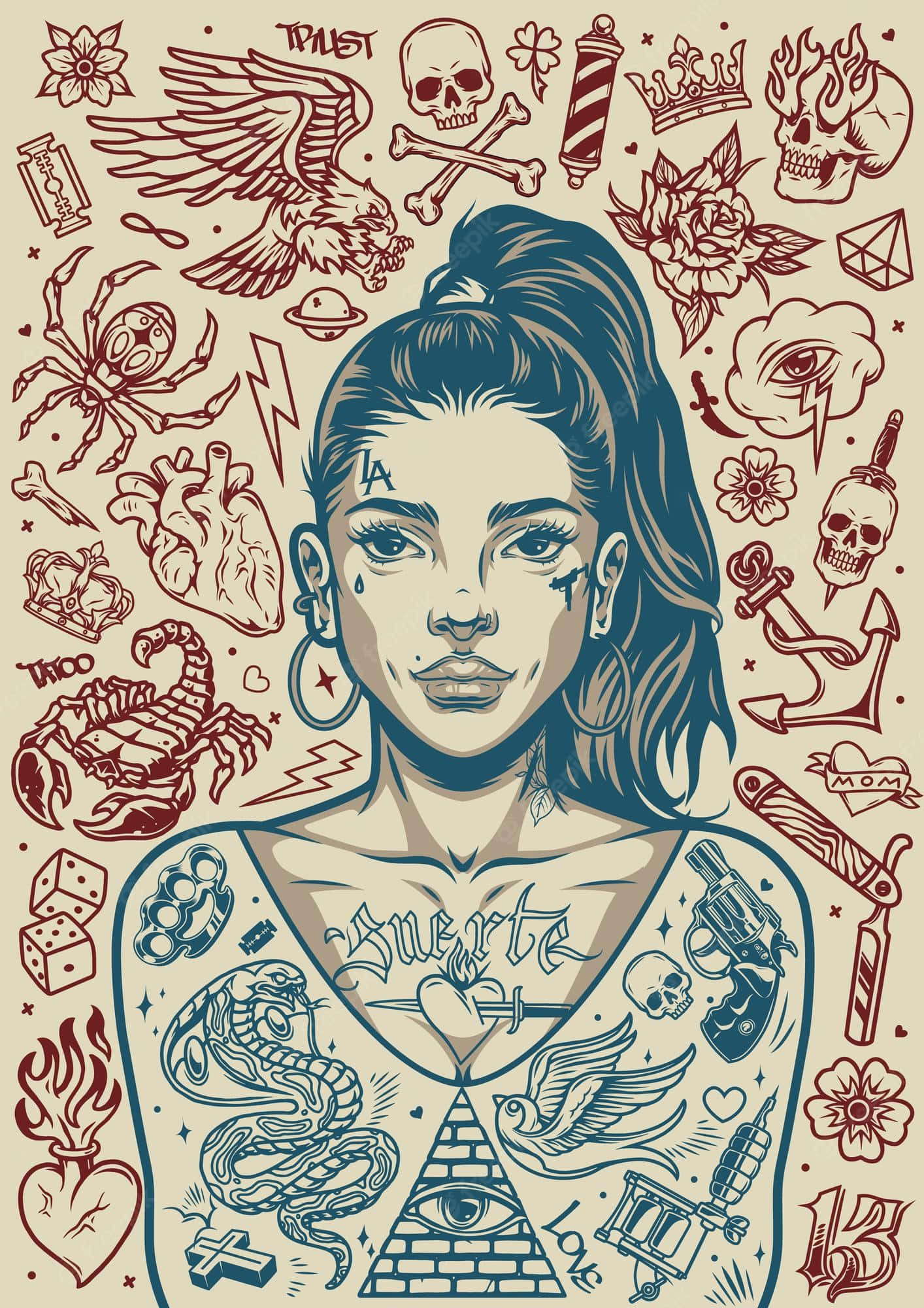 Tattoo Girl 桌布 壁紙 — 一個風格化的插圖，描繪一位帶有刺青的女性，並被經典刺青符號環繞，使用大膽的紅色和藍色墨水。