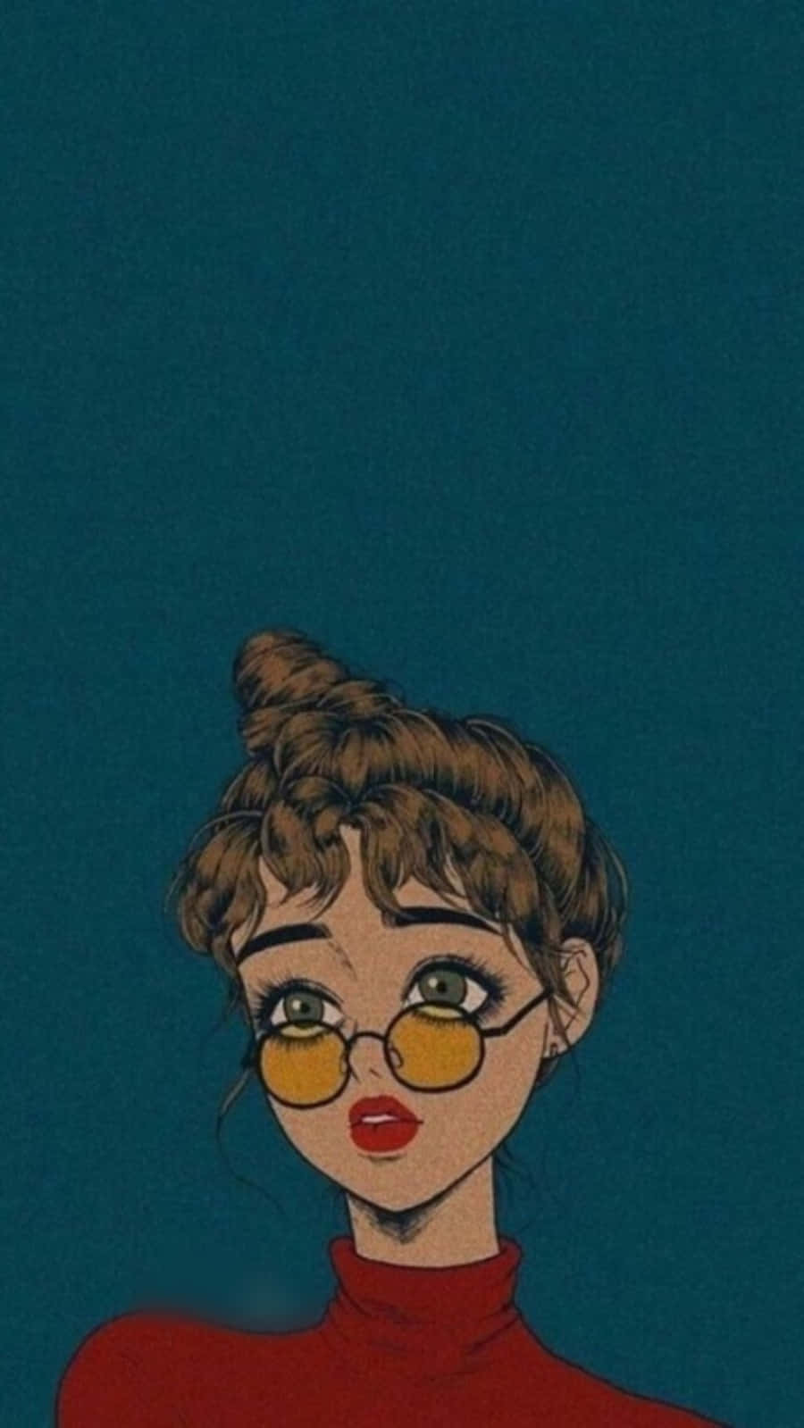 Aesthetic Drawings 桌布 壁紙 — 一個風格化的插圖，描繪一位年輕女性，捲髮盤成髮髻，戴著黃色眼鏡和紅色高領毛衣，背景為藍綠色。