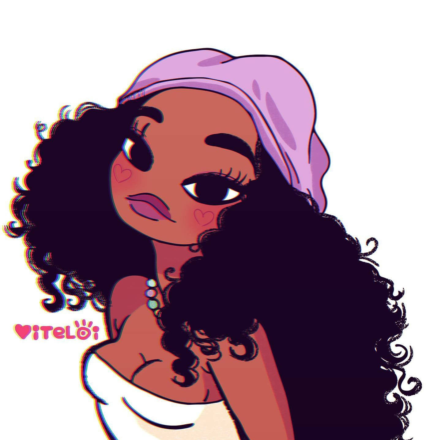 Cute Girl 桌布 壁紙 — 一個風格化的插圖，描繪一位年輕女性，擁有捲曲頭髮和粉紅色頭巾，穿著白色上衣和珍珠項鍊。