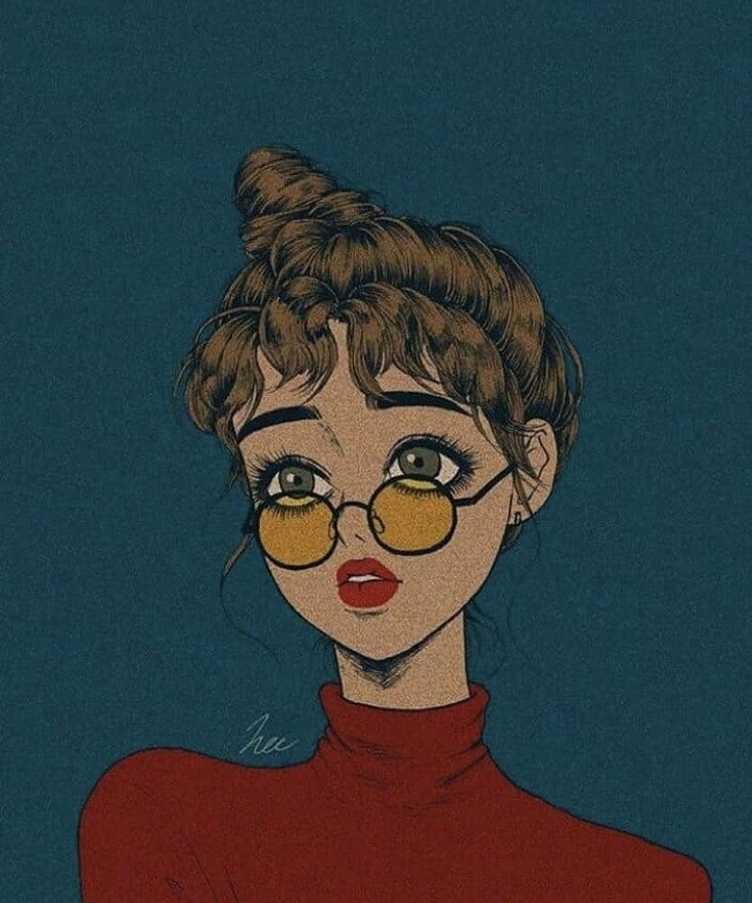 美學藝術 桌布 壁紙 — 一個風格化的插圖，描繪一位年輕女性，捲髮盤成髮髻，戴著圓形黃色眼鏡和紅色高領毛衣，背景為青綠色。