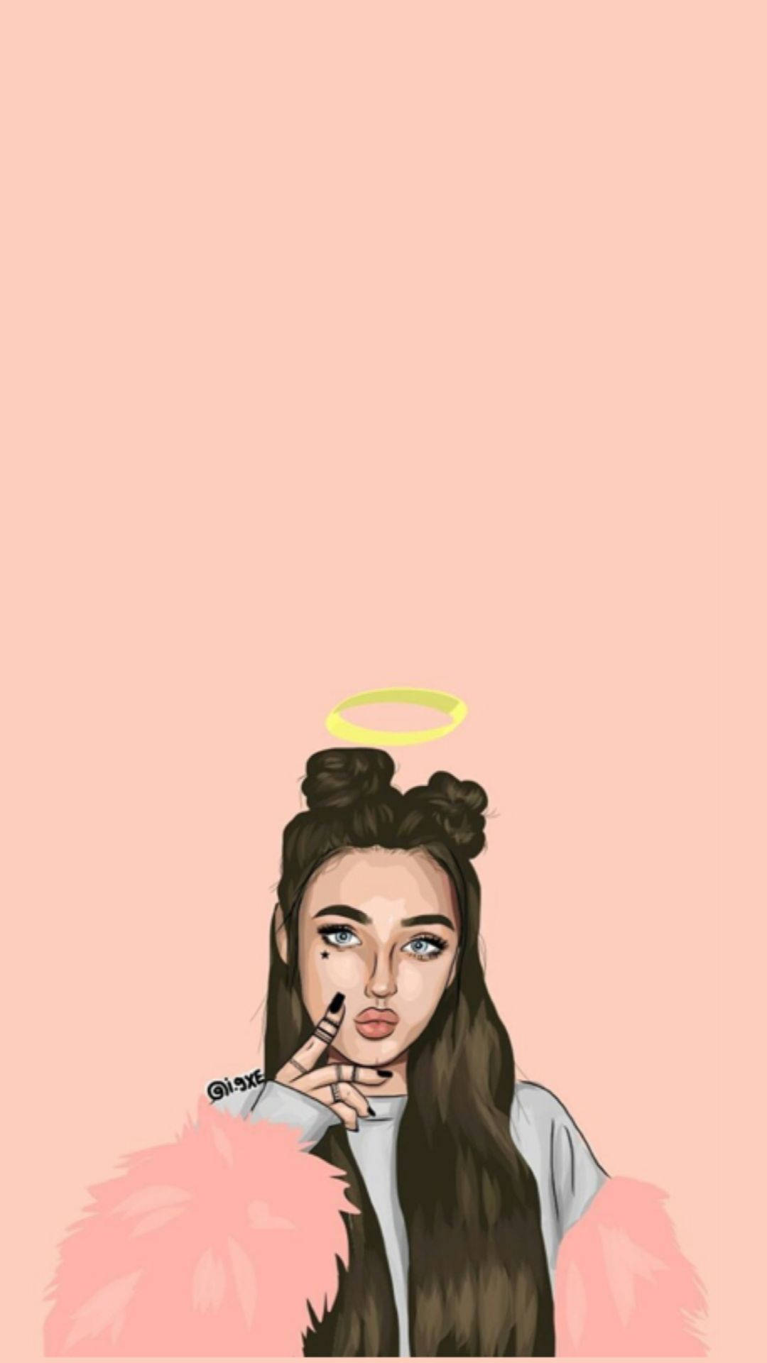 girls 桌布 壁紙 — 一個風格化的插圖，描繪一位年輕女性，帶有光環和粉紅色毛領，背景是柔和的桃色。