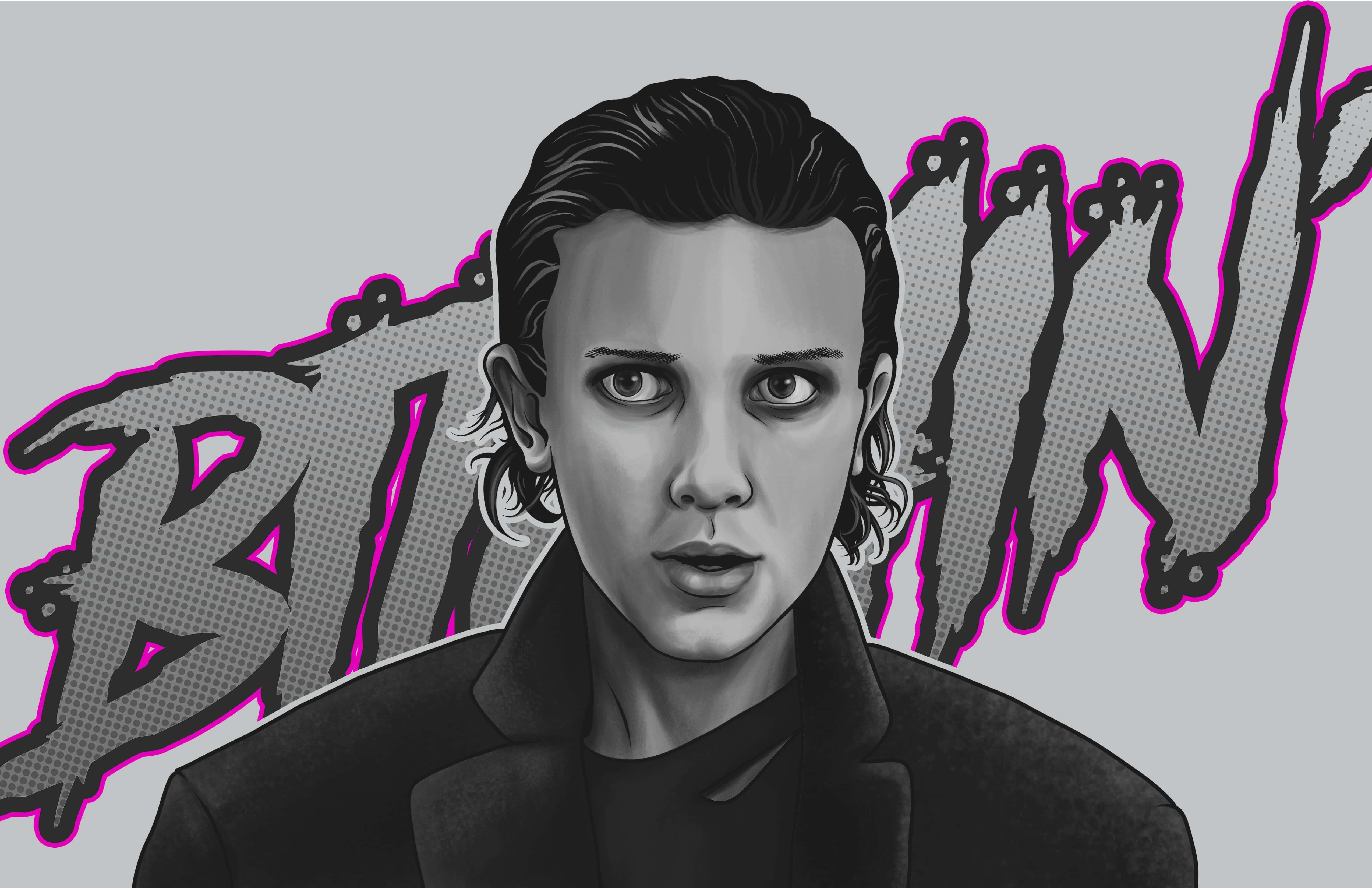 Eleven Stranger Things 桌布 壁紙 — 一個風格化的插圖，描繪一位年輕女性，擁有銳利的眼睛和深色頭髮，在灰色背景上被粗體粉紅色輪廓的塗鴉文字框住。