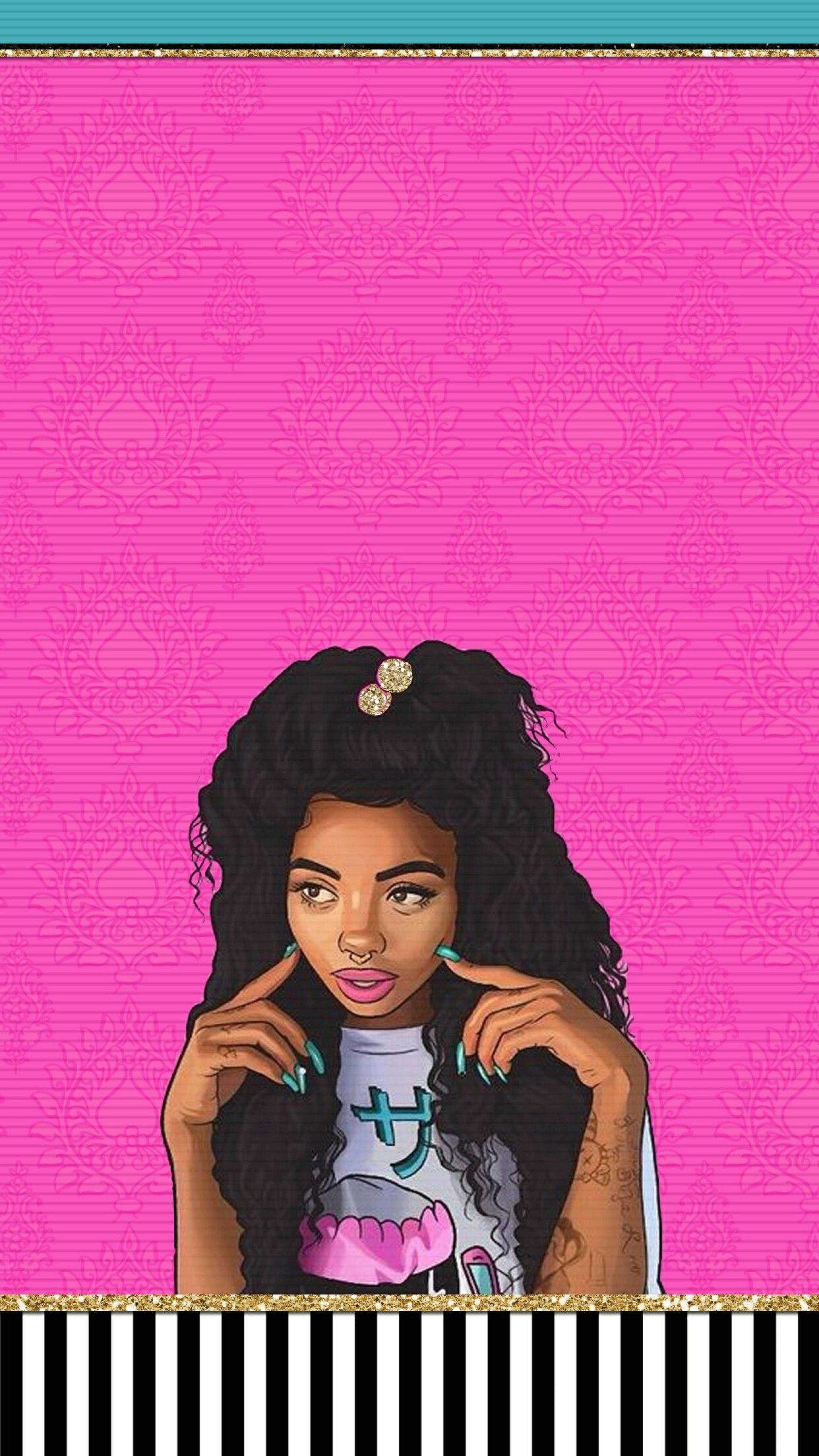 girls 桌布 壁紙 — 一個風格化的插圖，描繪一位年輕女性，擁有捲曲頭髮和青綠色指甲，背景是充滿活力的粉紅色錦緞圖案。