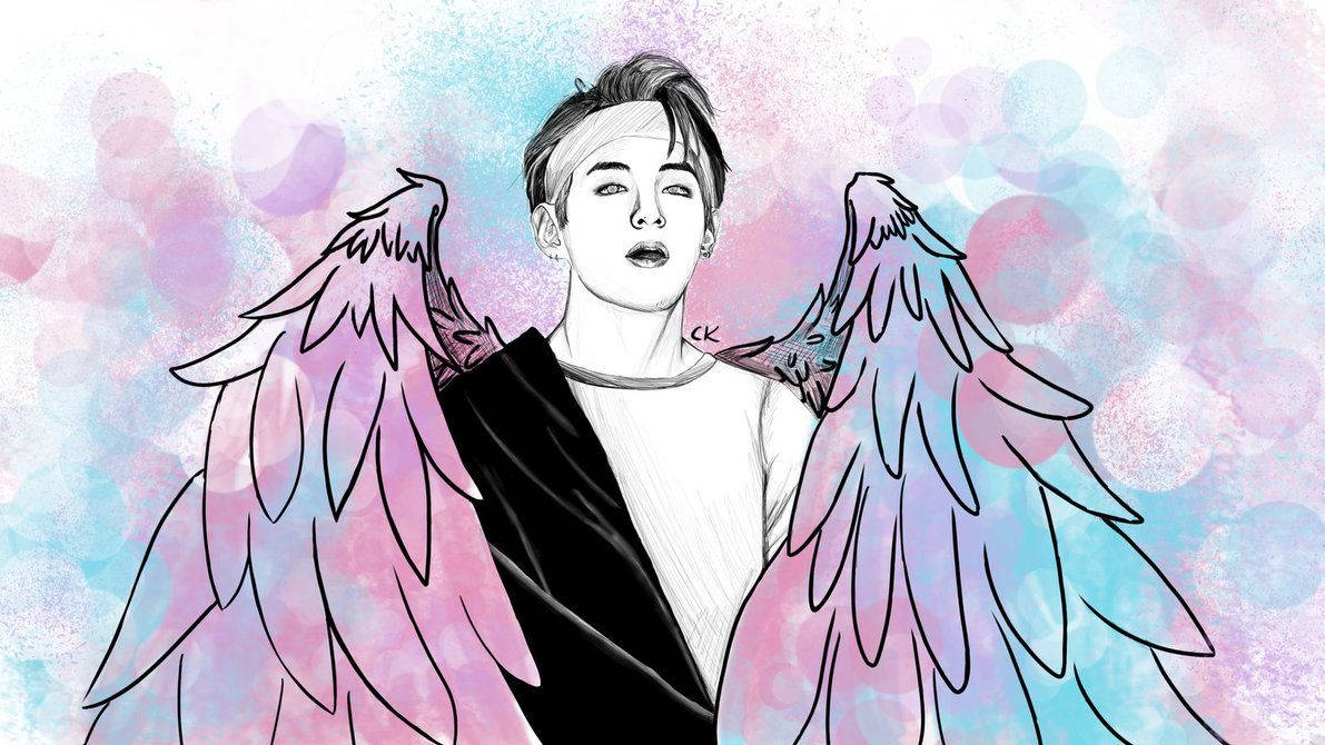 BTS 桌布 壁紙 — 一個風格化的插圖，描繪一位年輕男子擁有大型粉彩翅膀，背景是夢幻般的散景效果。