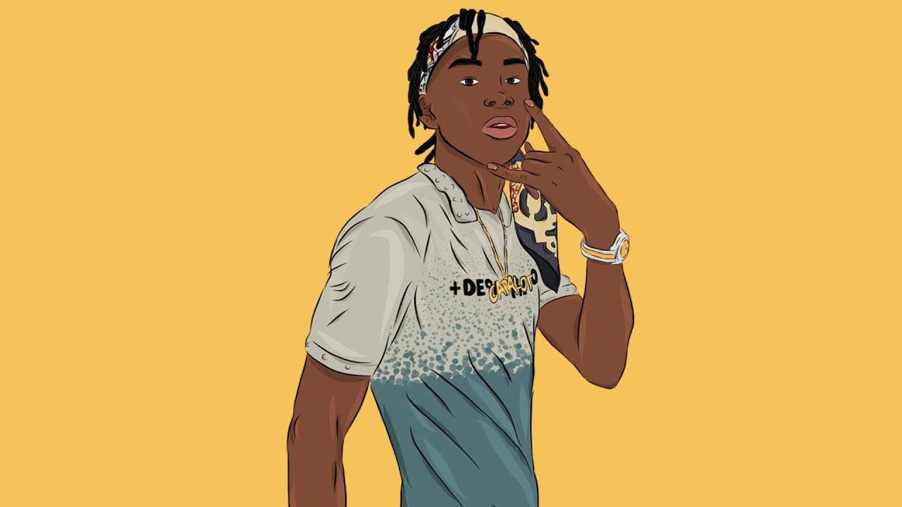 Lil Tjay 桌布 壁紙 — 一個風格化的插圖，描繪一位年輕男子留著辮子頭、戴著頭巾，在純黃色背景前自信地擺姿勢。